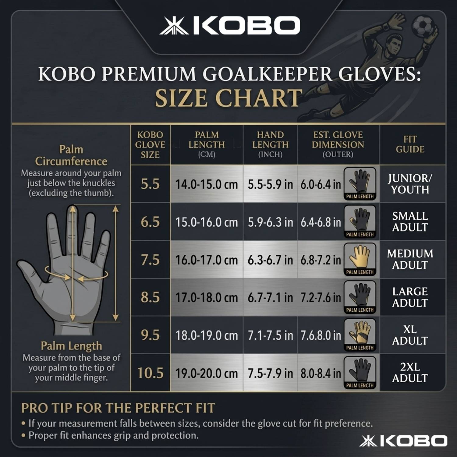 KOBO Football Goalkeeper Gloves Size 9.5 - Image 5