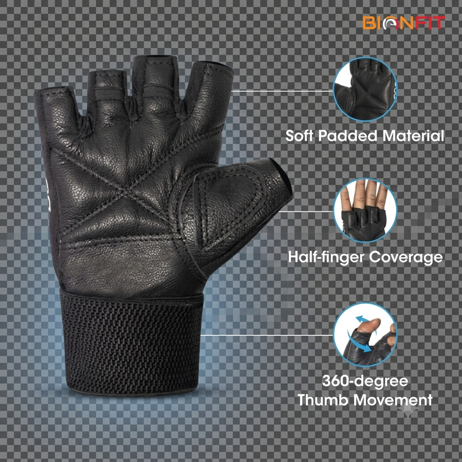 Image of BIONFIT Gym Gloves for Men & Women with Wrist Support, Anti-Slip Padded Weightlifting Gym & Fitness Gloves (Black)