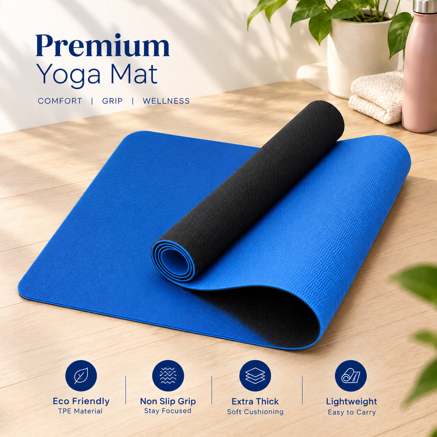 Image of FOXHILL Premium Non-Slip Yoga Mat - Reversible Blue & Black Exercise Mat for Yoga, 6 mm Yoga Mat