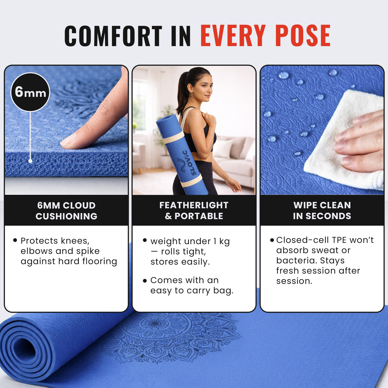 Image of SLOVIC Anti-Slip Yoga Mat for Home Workout & Home Gym Blue 6 mm Yoga Mat