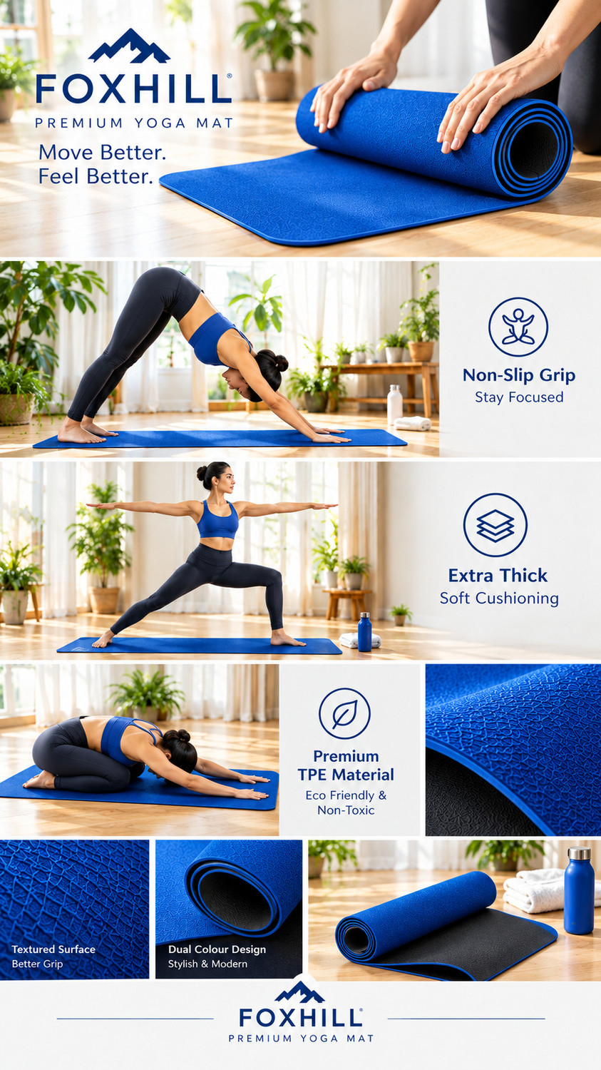 Image of FOXHILL Premium Non-Slip Yoga Mat - Reversible Blue & Black Exercise Mat for Yoga, 6 mm Yoga Mat