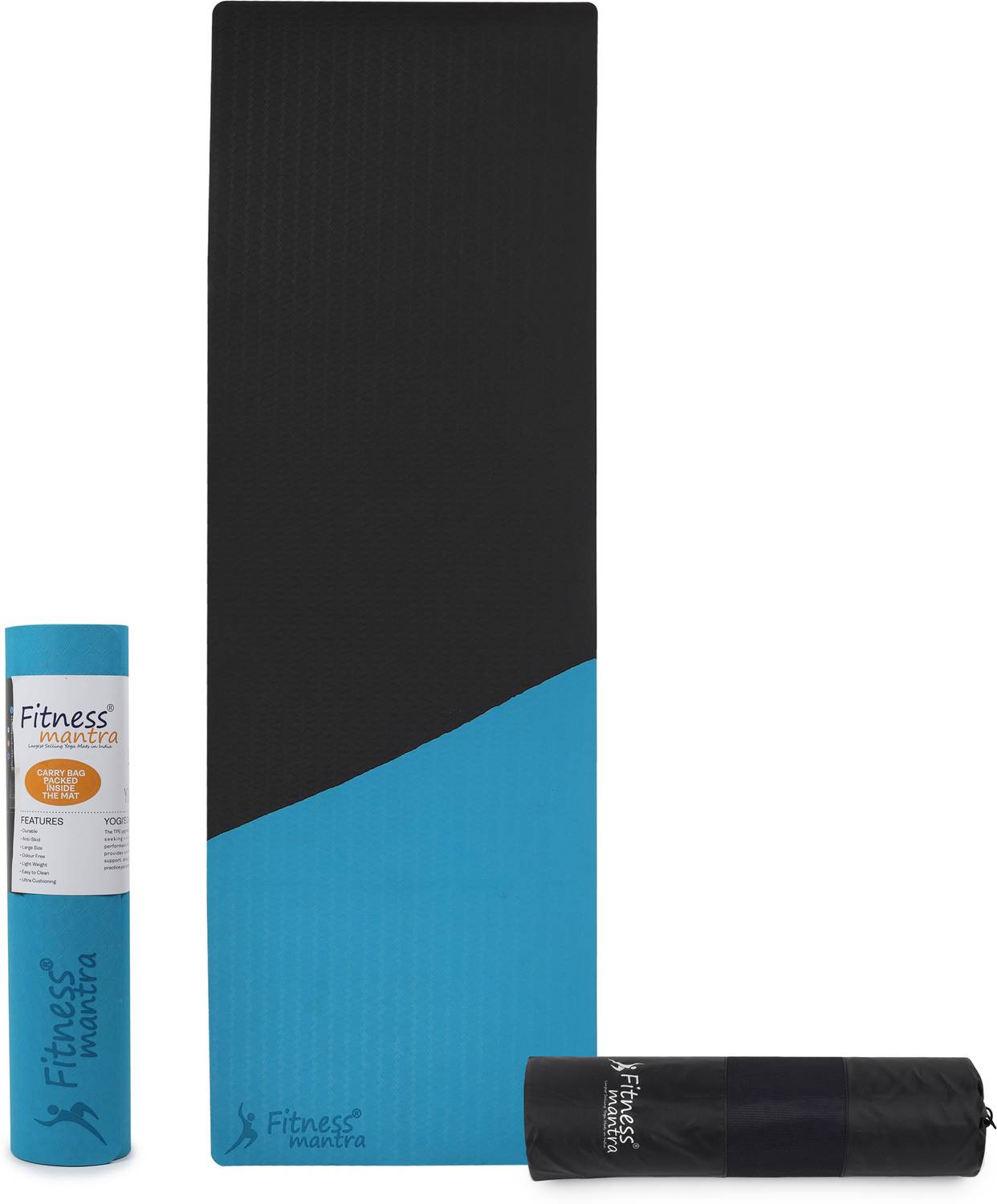 Fitness Mantra TPE 8mm Cross Color Anti-Slip Yoga Mat with Cover Bag| Black + Teal| 8 mm Yoga Mat