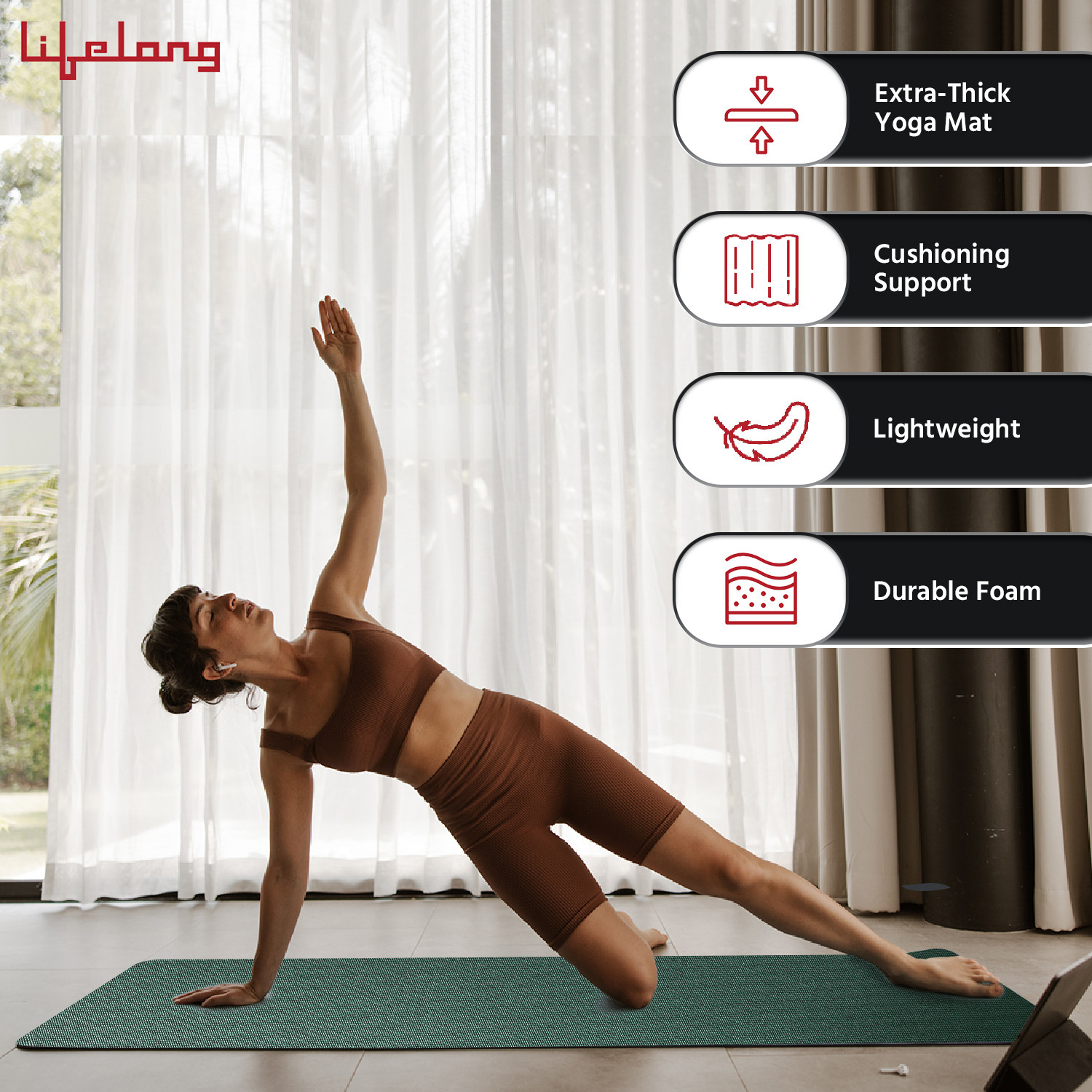 Image of Lifelong LLYM71 EVA Anti-Slip Exercise Mat with Strap Green 4 mm Yoga Mat