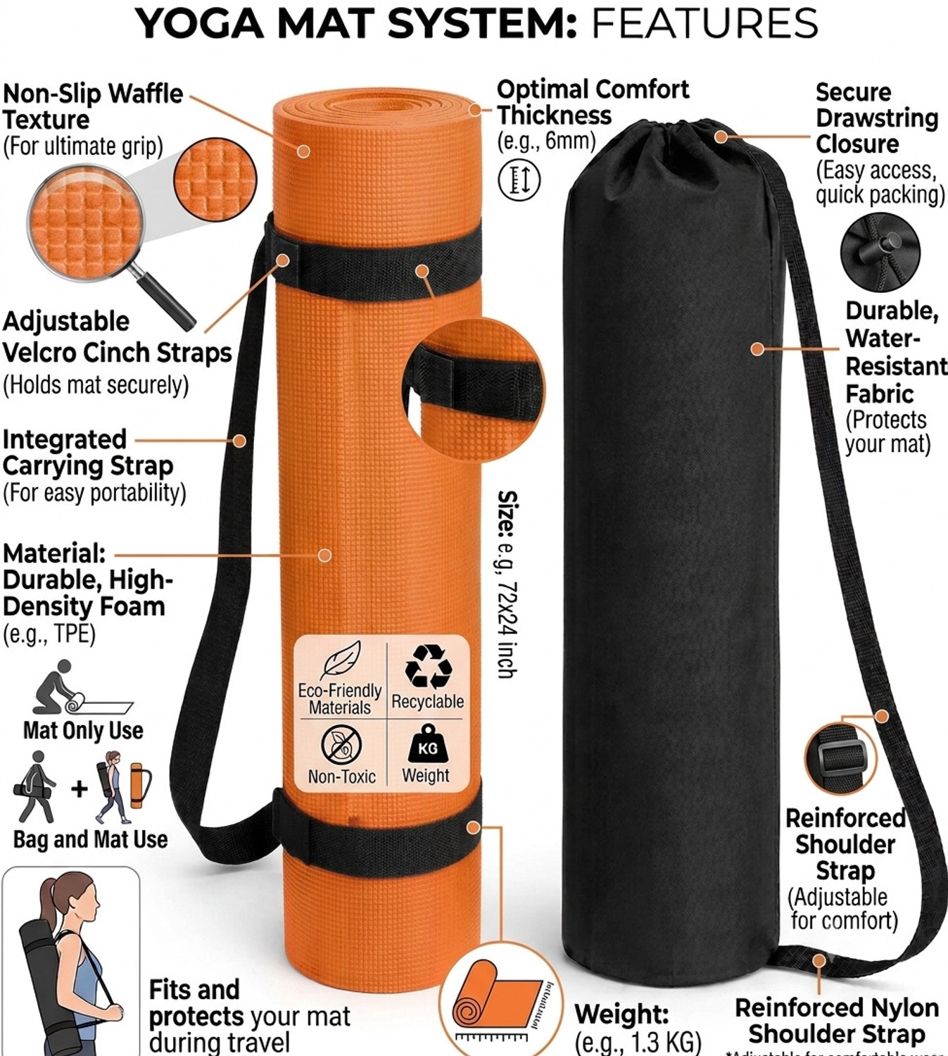 Image of AURABASE Premium EVA Yoga Mat with Carrying Bag, Anti Skid, Home & Gym, Men( ORANGE) Multicolor 4 mm Yoga Mat