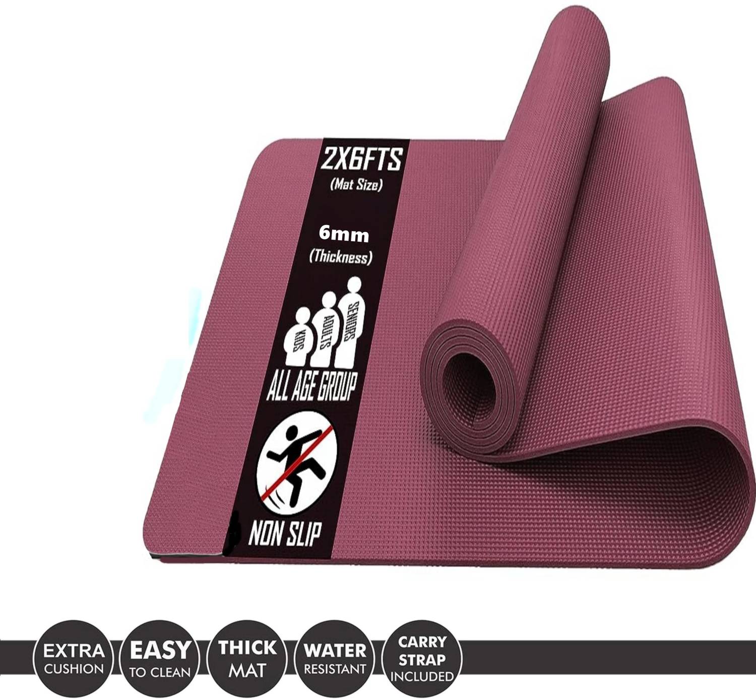 JUSTIFIT 6mm Maroon Yoga Mat with Strap - Image 2
