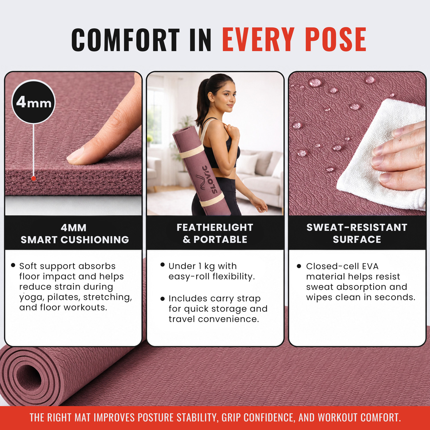 Image of SLOVIC Non-Slip Yoga Mat-Perfect Grip for All Levels Thickness 4mm | Wine 4 mm Yoga Mat 4 mm Yoga Mat