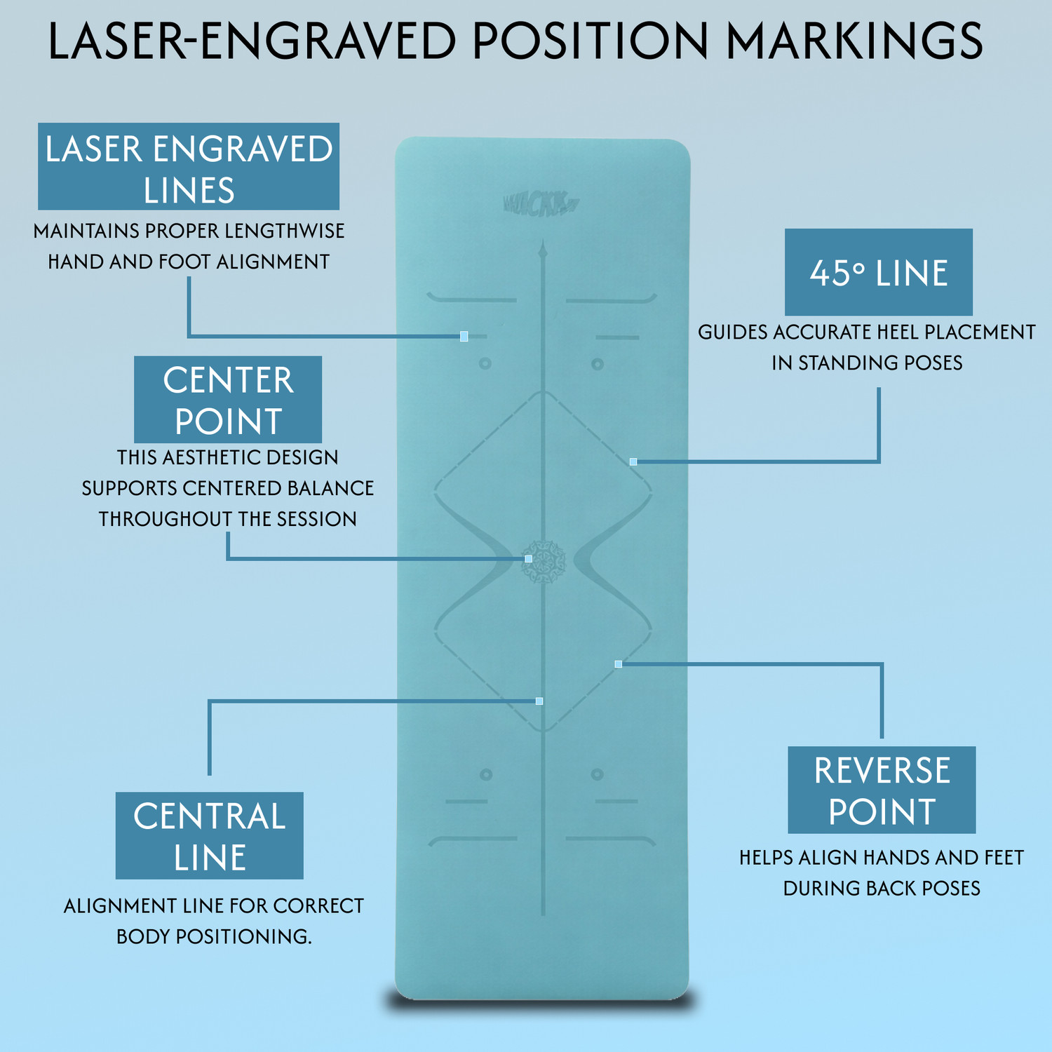 Image of WHACKK 8mm TPE Laser Engraved Position Marking Aligned Yoga Mat Non Slip Carry Strap Blue 8 mm Yoga Mat