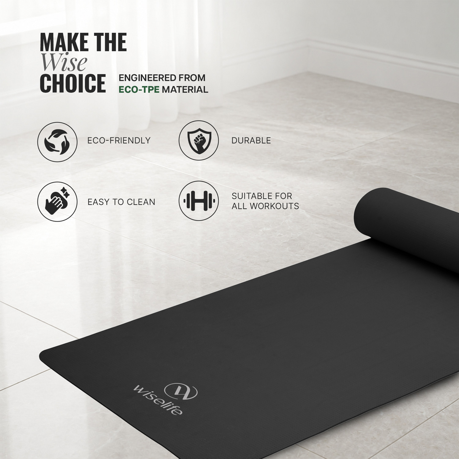 Image of Wiselife Classic 4mm Yoga Mat | Anti-Skid & High Grip | With Carrying Strap Black 4 mm Yoga Mat