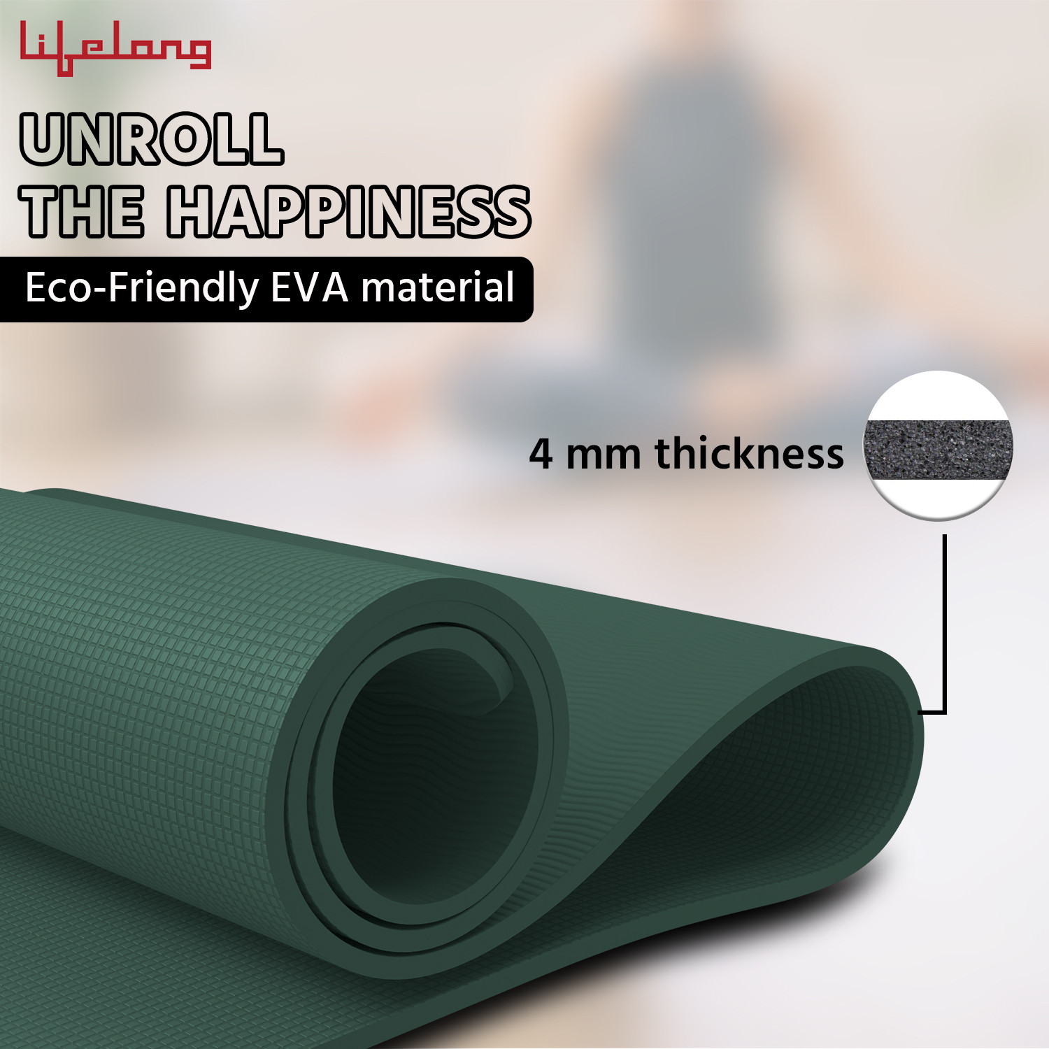 Image of Lifelong LLYM71 EVA Anti-Slip Exercise Mat with Strap Green 4 mm Yoga Mat