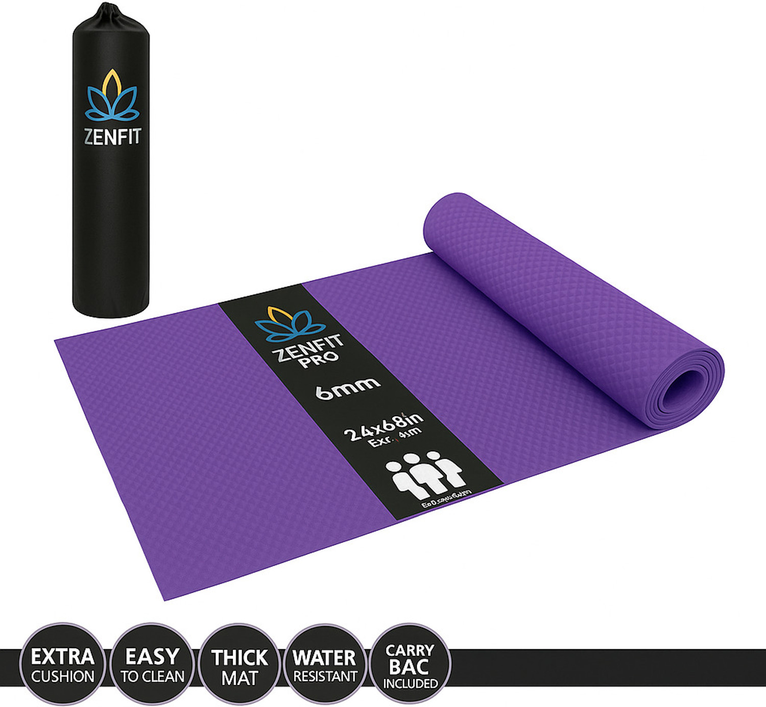 Image of Zenfit Pro 6MM Premium Eva with Tpe blend Anti slip Tearless Yoga mat with carry Bag Purple 6 mm Yoga Mat