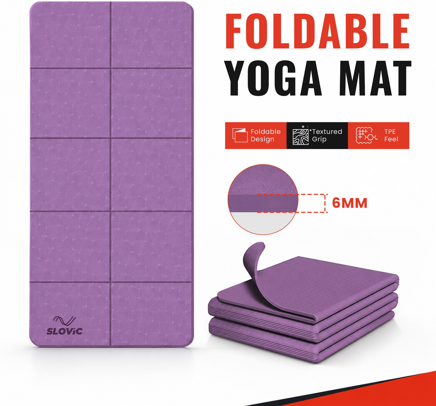 Image of SLOVIC Non-Slip Foldable Yoga Mat-Perfect Grip for All Levels Thickness 6mm | Purple Purple 6 mm Yoga Mat