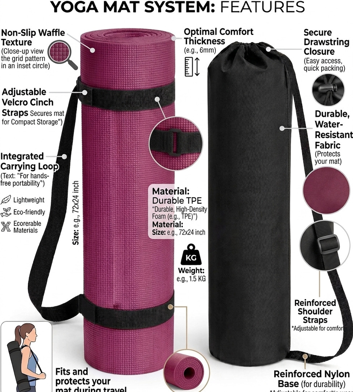 Image of AURABASE Premium EVA Yoga Mat with Carrying Bag, Anti Skid, Home & Gym, Men(WINE) 4 mm Yoga Mat