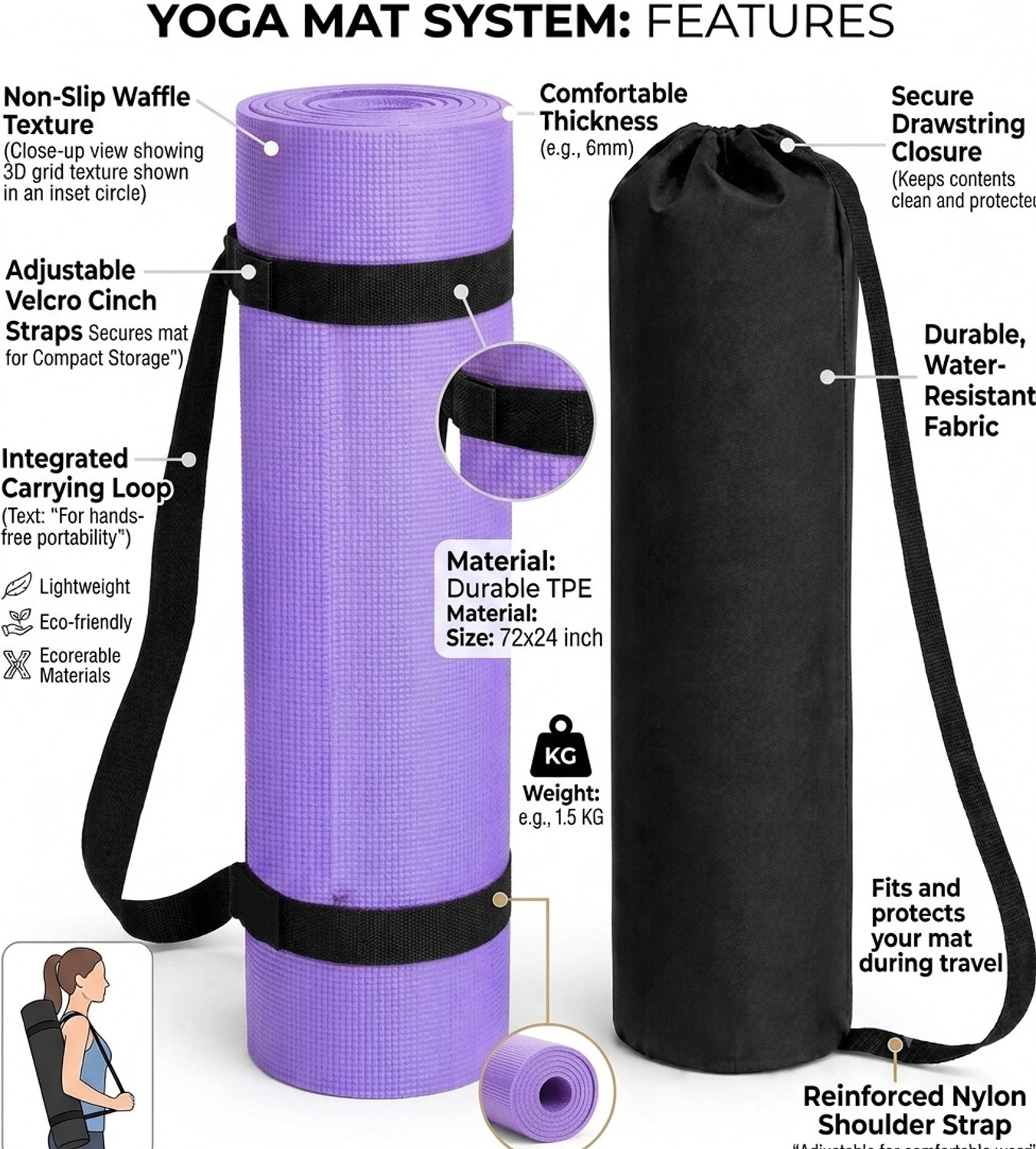 Image of SMTR Yoga Mat Travel Friendly Non Slip with Carry Strap and Carry Bag PURPLE 4 mm Yoga Mat