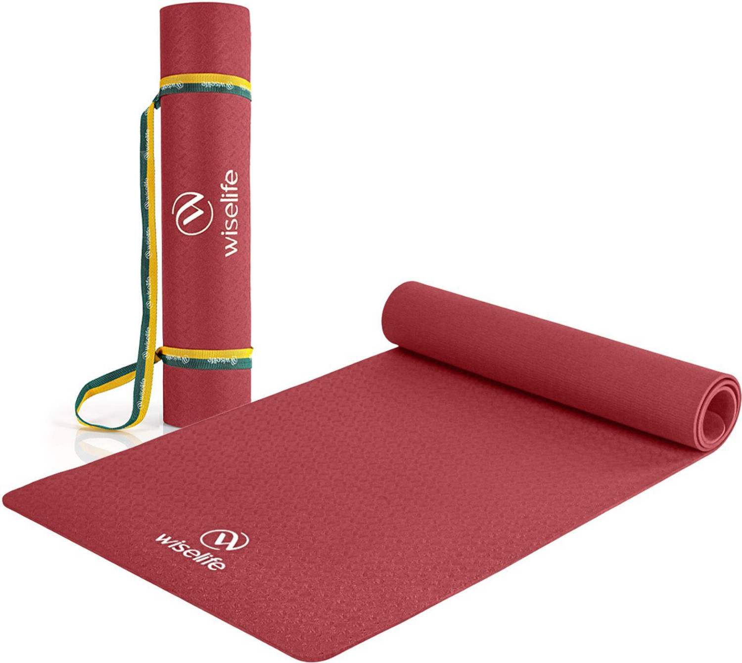 Wiselife Classic Exercise Mat + Yoga Strap for Men & Women | Workout, Home, Pilates - Maroon 8 mm Yoga Mat