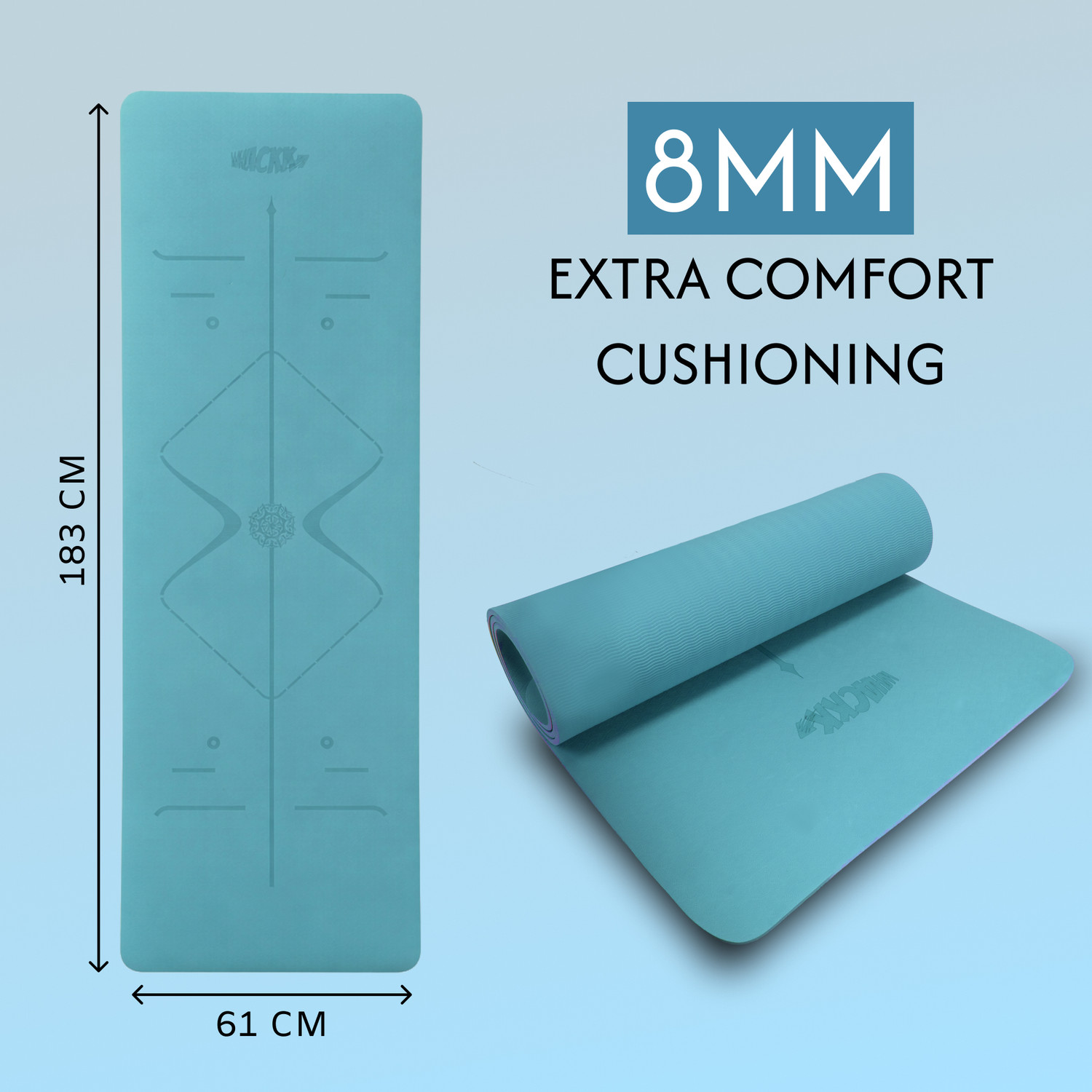 Image of WHACKK 8mm TPE Laser Engraved Position Marking Aligned Yoga Mat Non Slip Carry Strap Blue 8 mm Yoga Mat