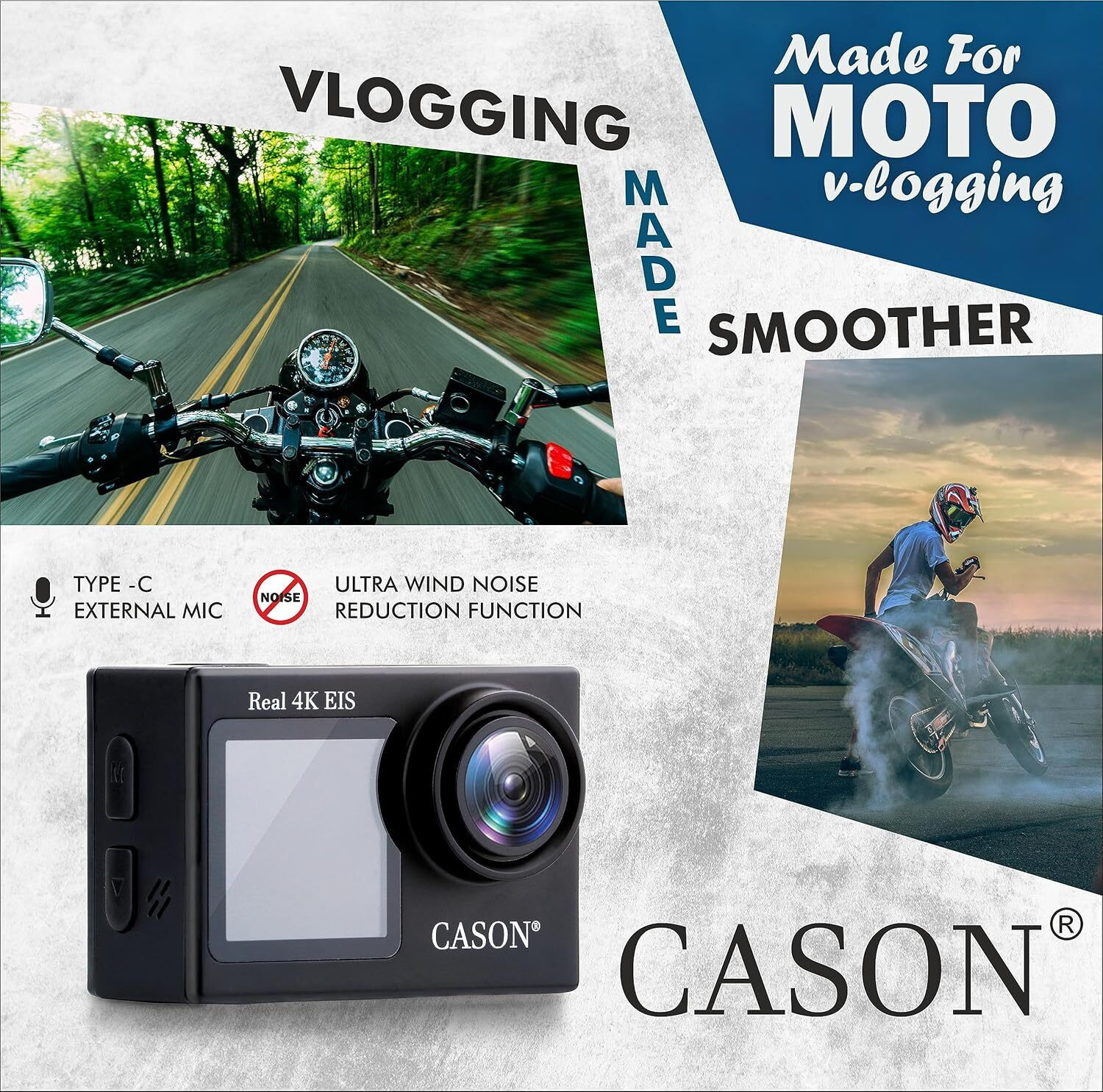 Image of CASON CS6 Real 4K Dual Screen for Vlogging With EIS+Gyro, CS6 5k 30Fps Action Camera, 4K Helmet Camera for Bike (Typc C) with EIS+Gyro Sports and Action Camera