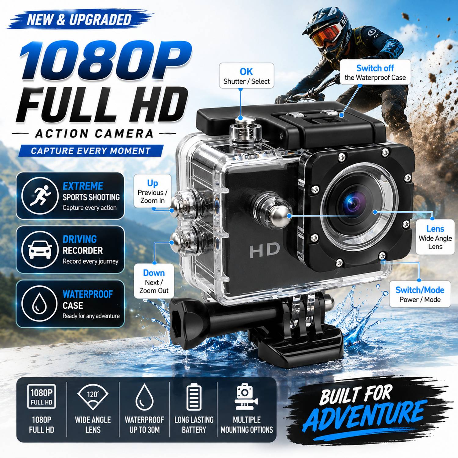 VYNEXX Action camera 2K HD Digital Action Camera with Accessories Kit Sports and Action Camera