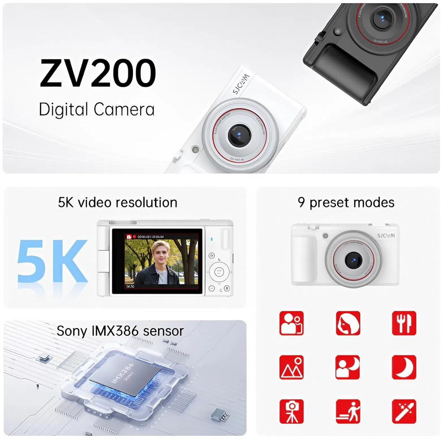 Image of SJCAM ZV200 5K 80MP Flip Screen Digital Camera | 16X Digital Zoom CMOS Sensor with 6-Axis Gyro, 9 Preset Modes, 800 mAh Digital Point Sports and Action Camera