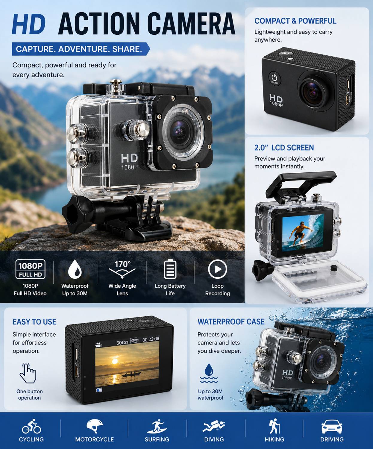 VYNEXX Action camera 2K HD Adventure Action Camera for Outdoor Recording Sports and Action Camera