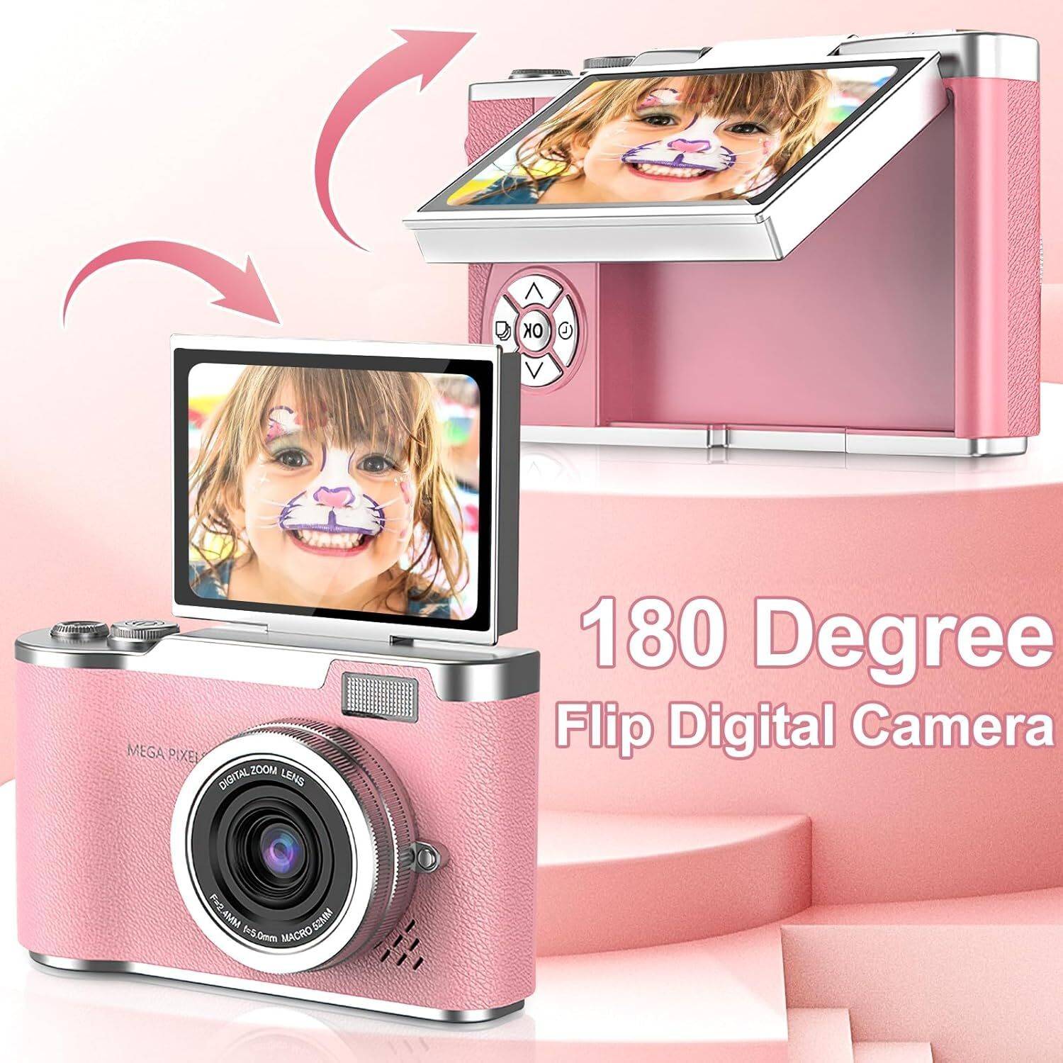 VOLTAC Pink Kids Digital Camera with 2.4-Inch Screen 180° Flip