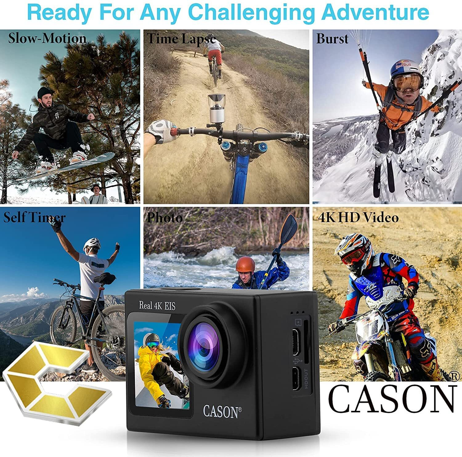 Image of CASON CS6 Real 4K Dual Screen for Vlogging With EIS+Gyro, CS6 5k 30Fps Action Camera, 4K Helmet Camera for Bike (Typc C) with EIS+Gyro Sports and Action Camera