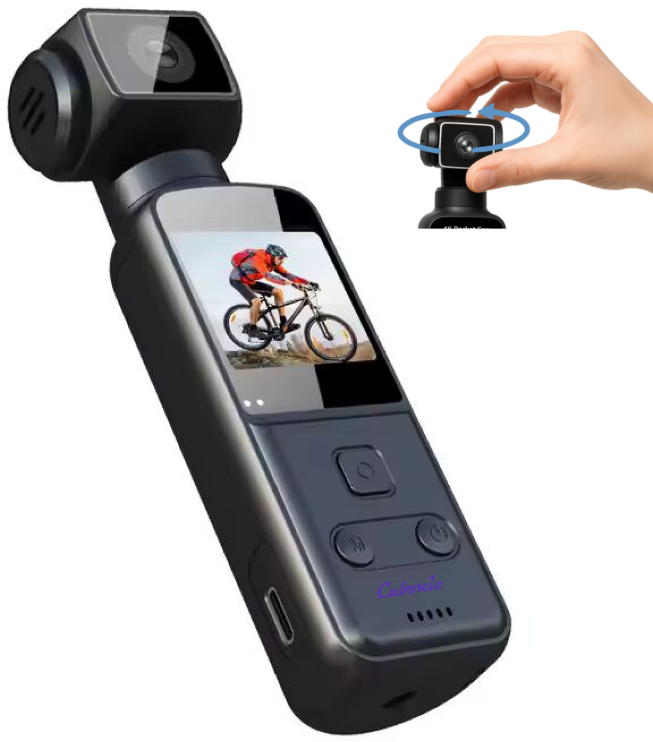 Image of Cubonic Handheld Vireo 4K Ultra HD Enabled 270 Manual Rotatable Recorder for Outdoor, Riding, Diving, Shooting Compatible with External Type-C Mic Vlogging Sports and Action Camera