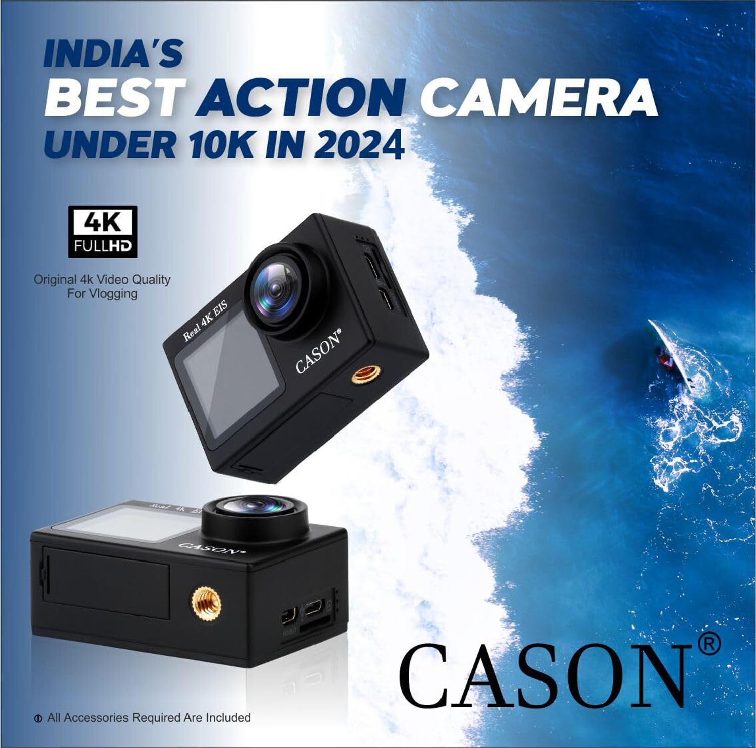 Image of CASON CS6 Real 4K Dual Screen for Vlogging With EIS+Gyro, CS6 5k 30Fps Action Camera, 4K Helmet Camera for Bike (Typc C) with EIS+Gyro Sports and Action Camera