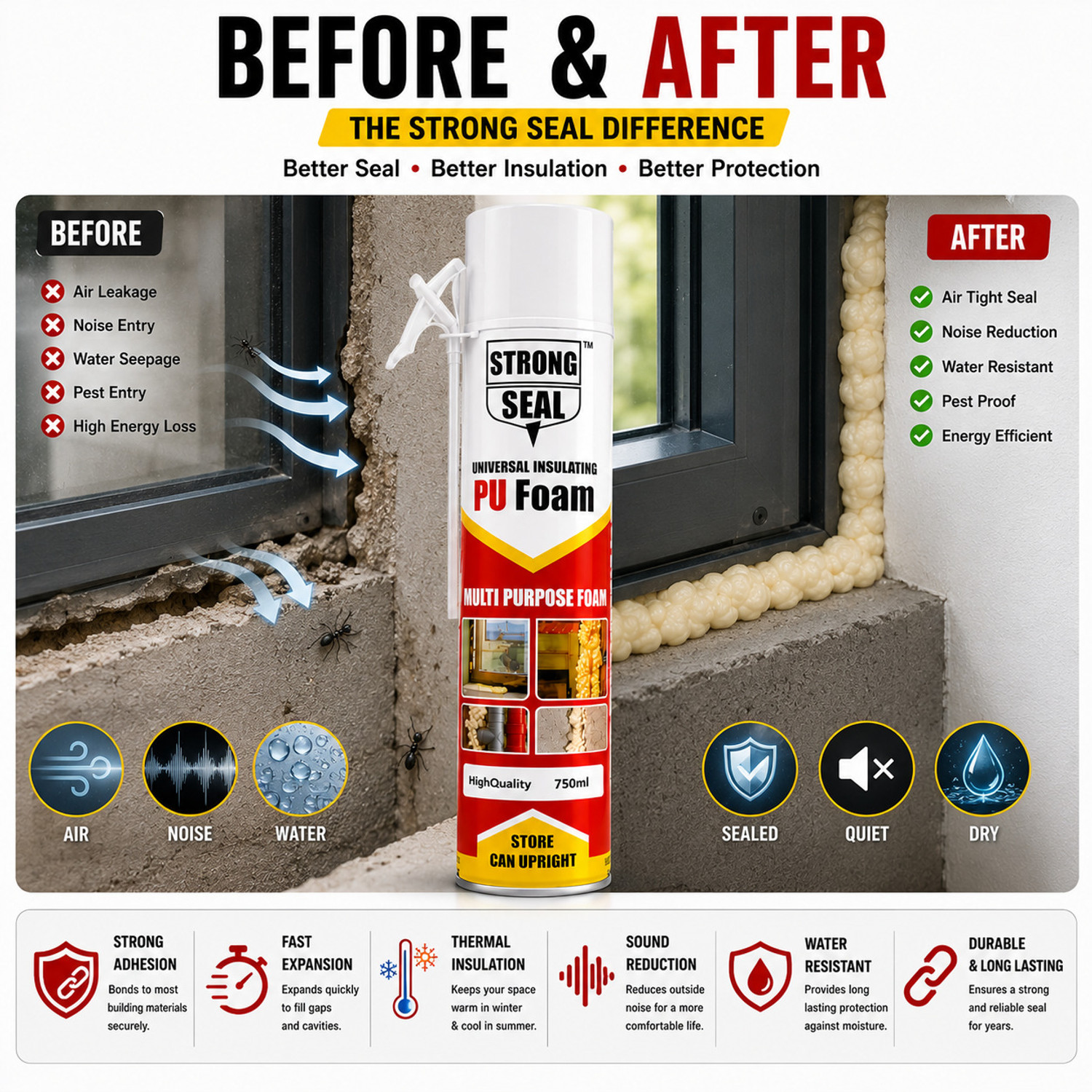 Image of Hp Adhesive PU Foam Spray Sealant for Filling Gaps, Cracks, Holes & Insulation - 750 ml Crack Filler