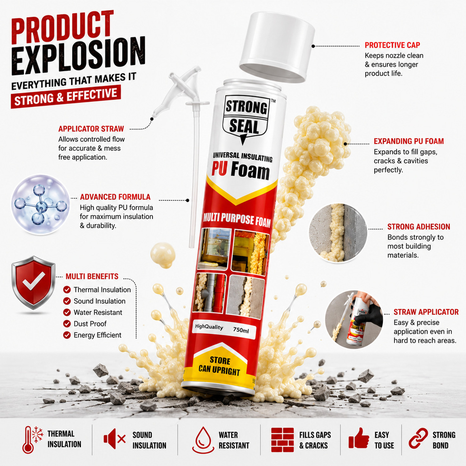 Image of Hp Adhesive PU Foam Spray Sealant for Filling Gaps, Cracks, Holes & Insulation - 750 ml Crack Filler