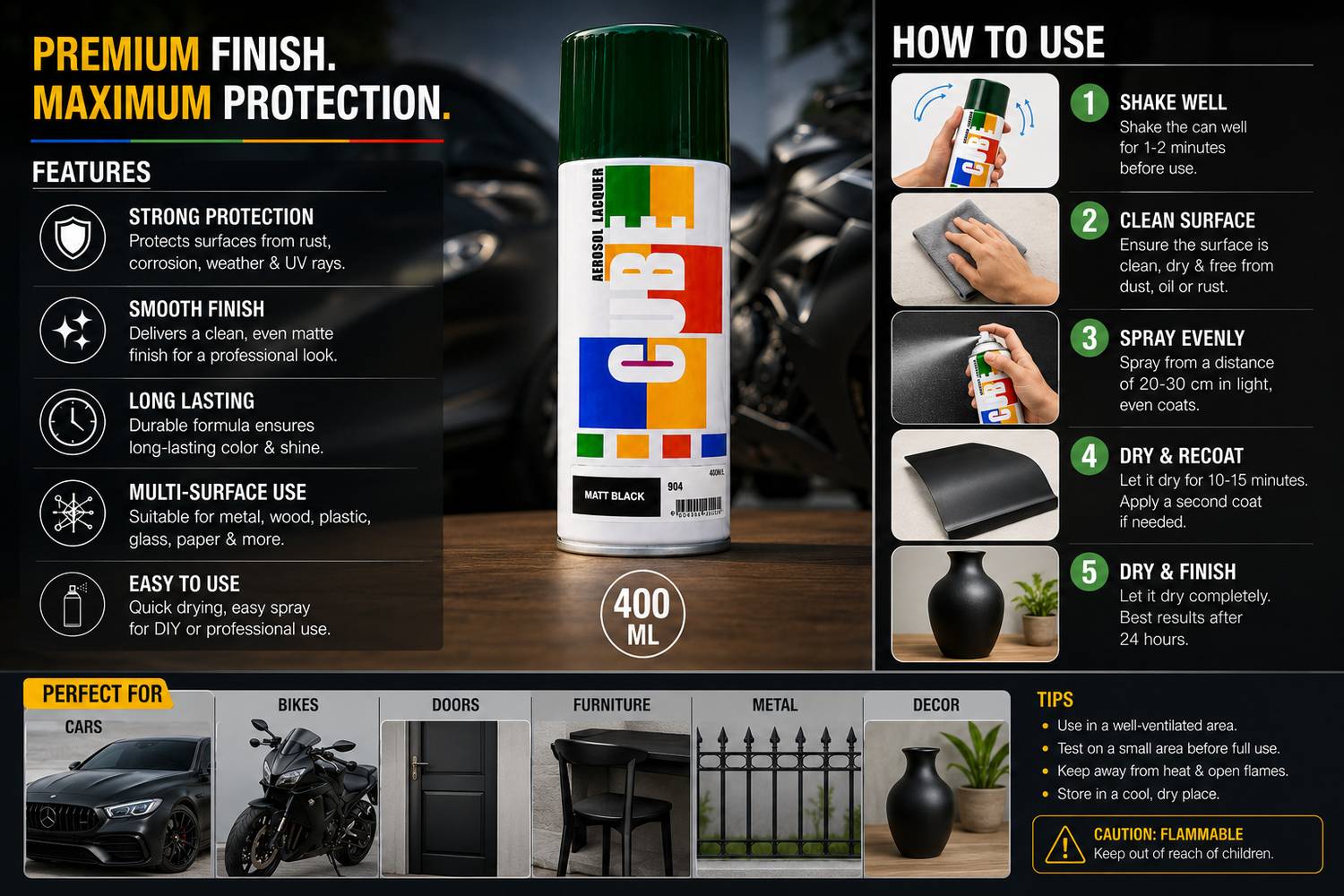 QUBE Fast Drying Matt Black Spray Paint 800 ml - Image 5