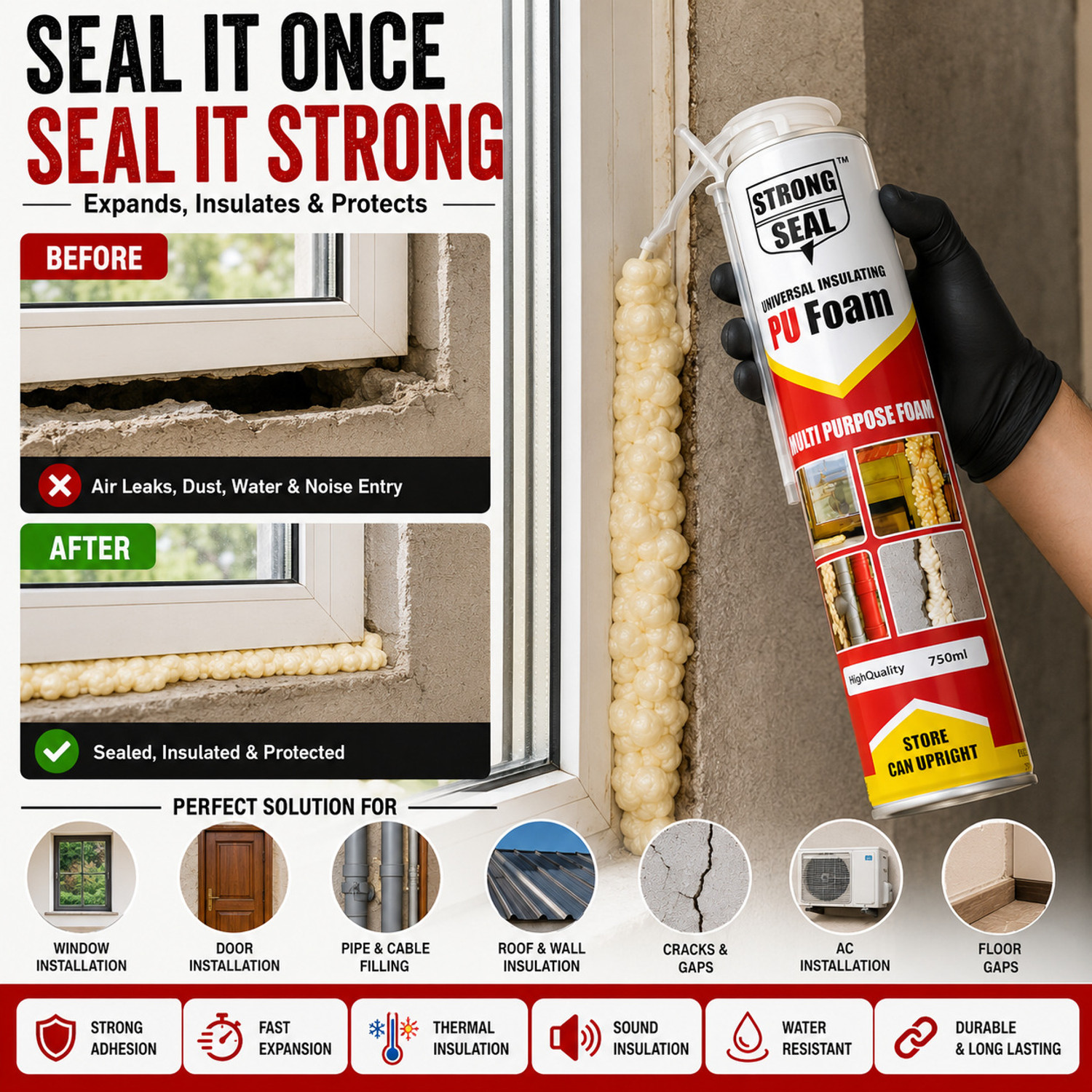 Image of Hp Adhesive PU Foam 900g | Extra 150g- Insulation- Gap Filling | High Expansion Spray Foam White Spray Paint 750 ml