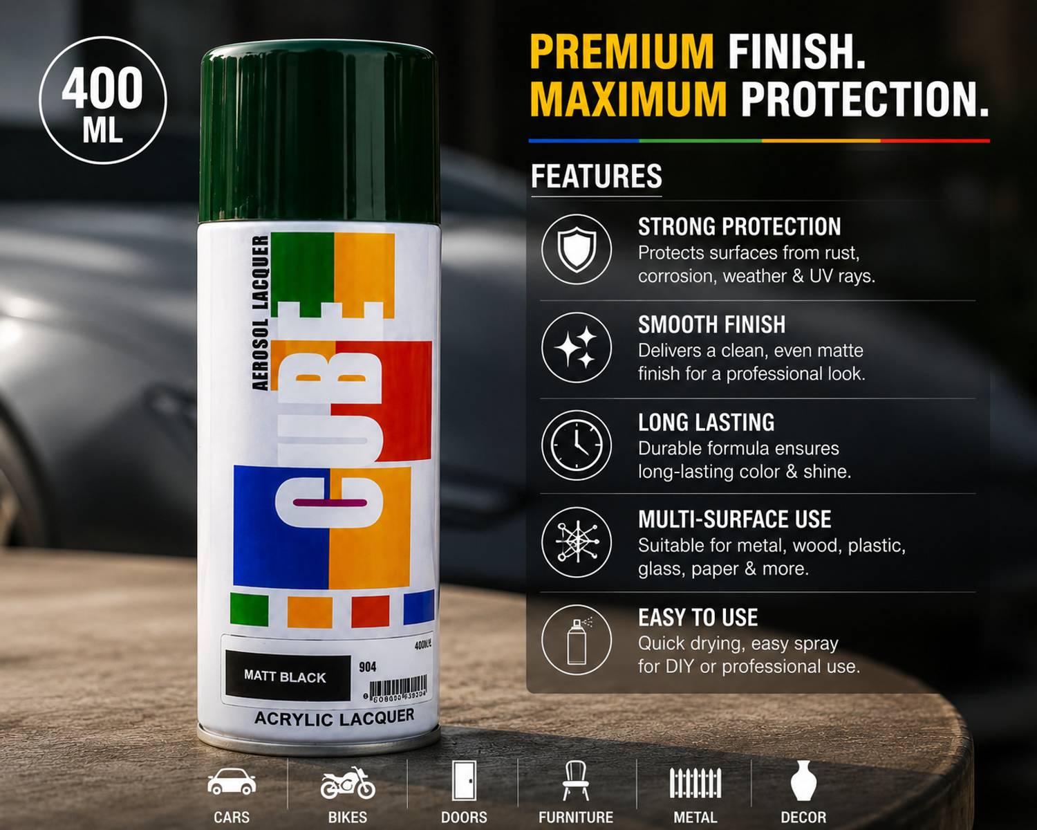 QUBE Fast Drying Matt Black Spray Paint 800 ml - Image 4