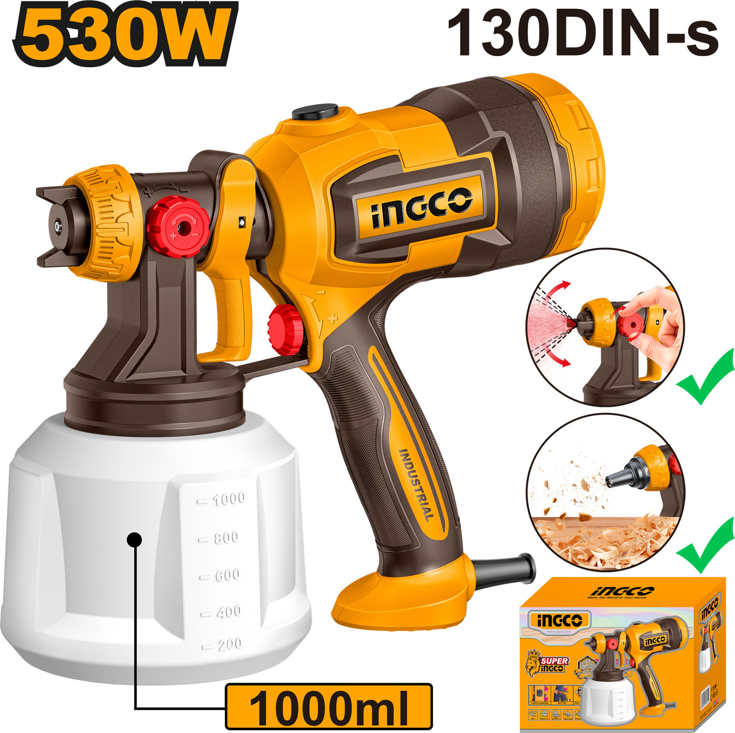 Image of INGCO 530W Spray Gun SPG4506 yellow Spray Paint 1000 ml