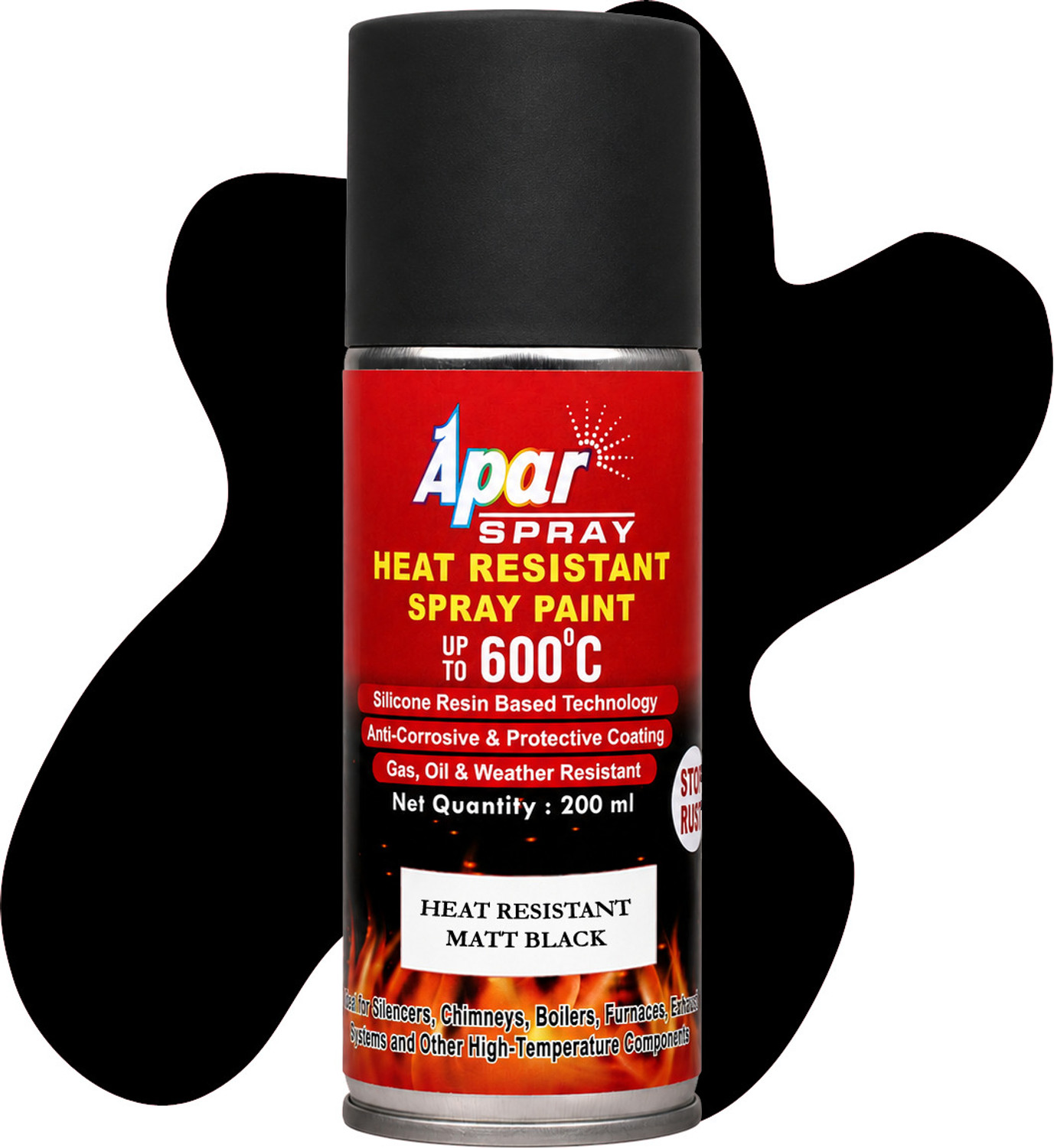 Image of apar Spray Paint Heat Resistant MATT BLACK (upto 600C)-200ml (Pack of 1) Black Spray Paint 225 ml (Pack of 1)