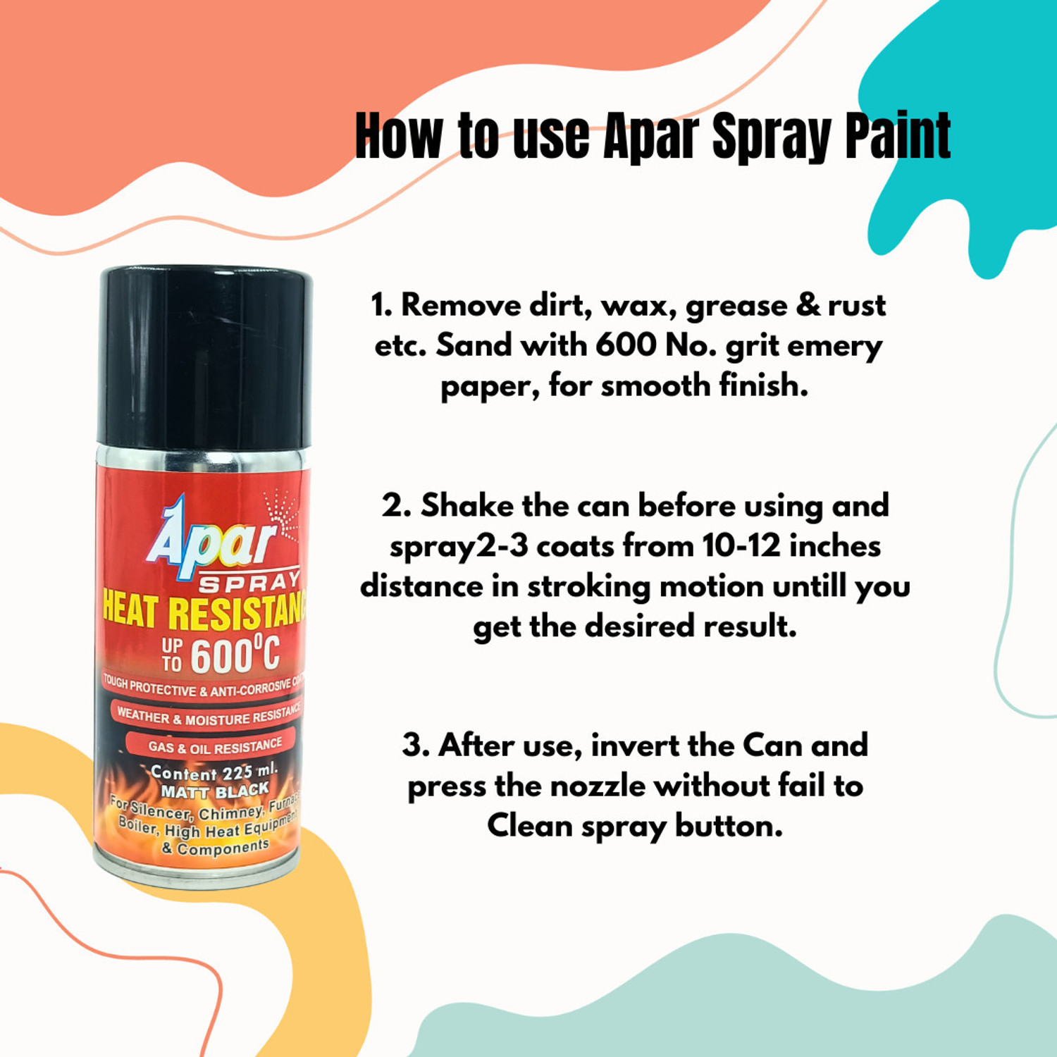 Image of apar Spray Paint Heat Resistant MATT BLACK (upto 600C)-200ml (Pack of 1) Black Spray Paint 225 ml (Pack of 1)