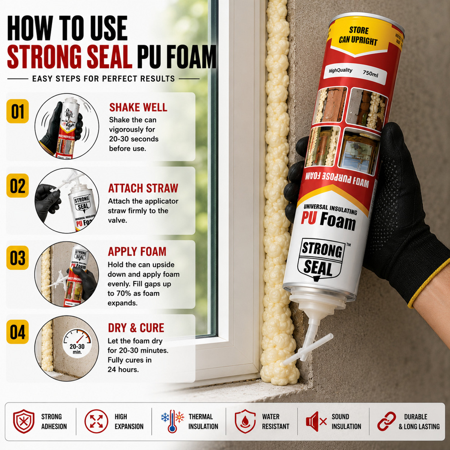 Image of Hp Adhesive PU Foam Spray Sealant for Filling Gaps, Cracks, Holes & Insulation - 750 ml Crack Filler
