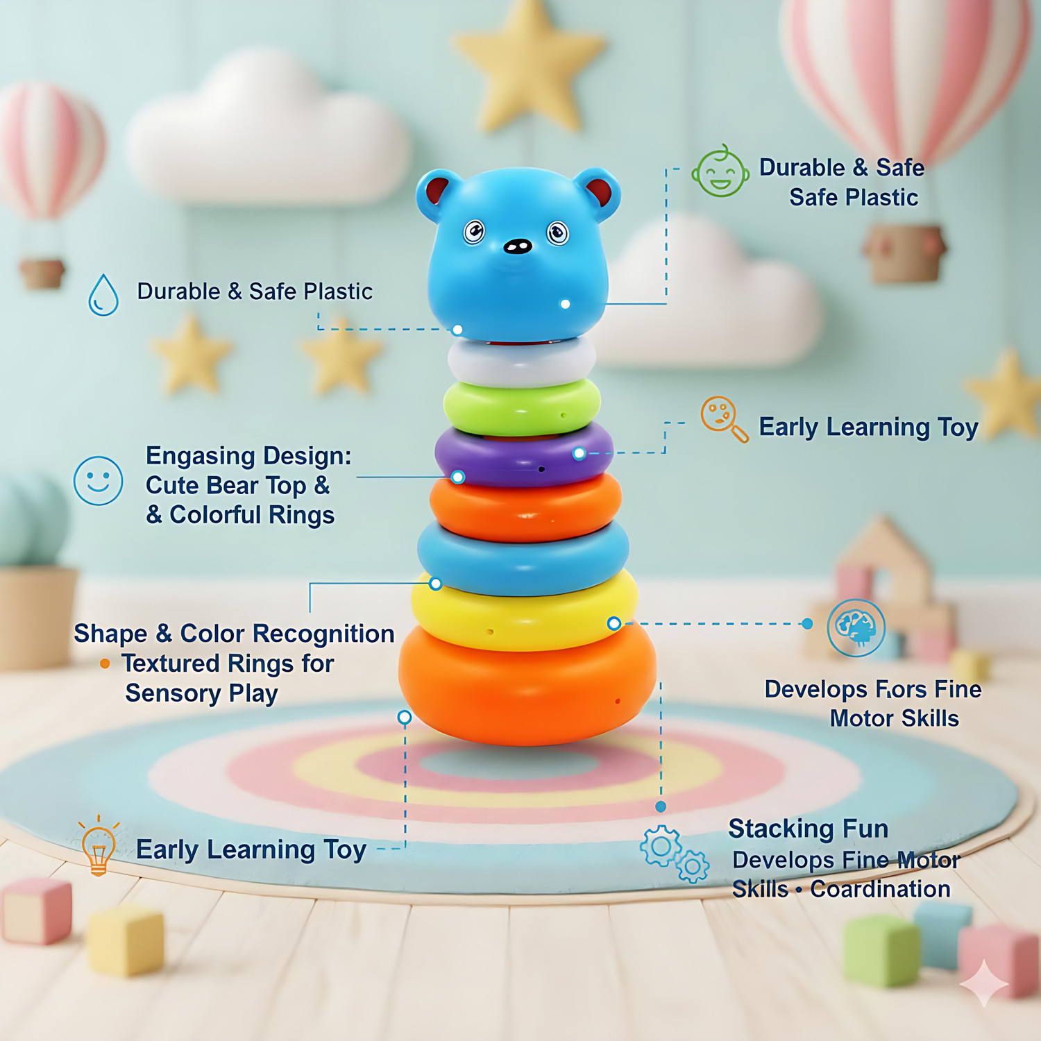 Image of EduJoy Stacking Teddy Rings,Ring tower(7 Colord Rings + 1 Bear Topper)