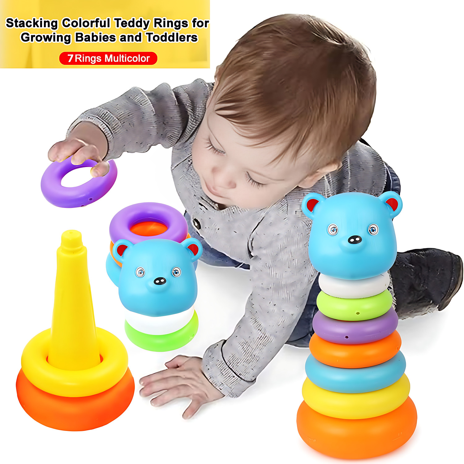 Image of EduJoy Stacking Teddy Rings,Ring tower(7 Colord Rings + 1 Bear Topper)