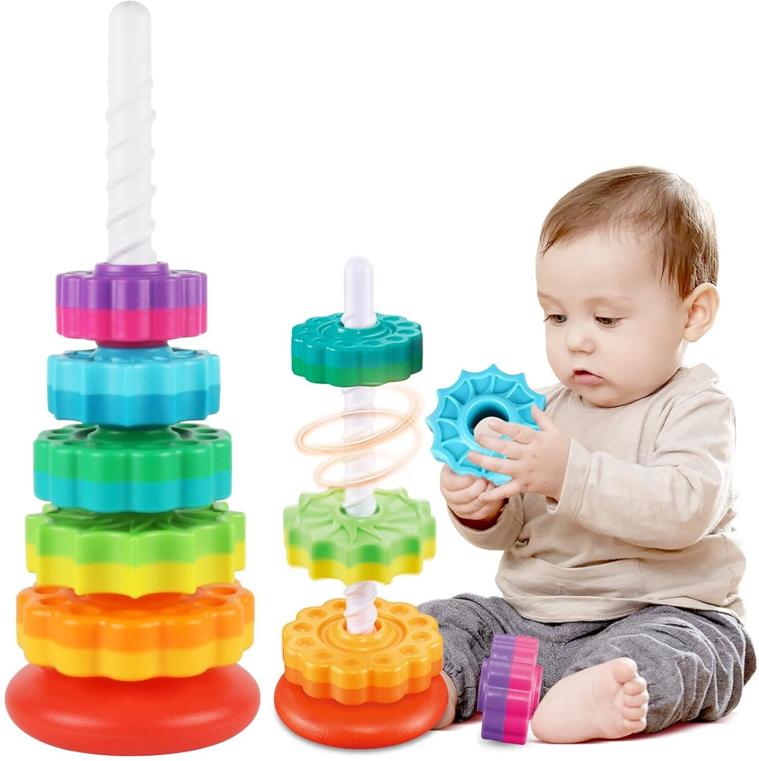 STOFFIER GARTEN Rainbow Spinning Stacking Tower Toy for Kids & Toddlers