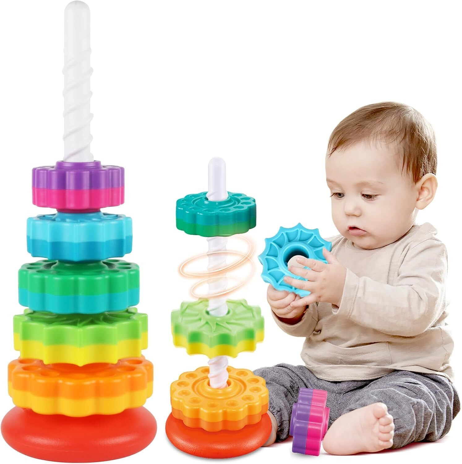 Sotnof Baby Spinning Stacking Toy Rainbow Ring Montessori Learning Toy for Toddlers