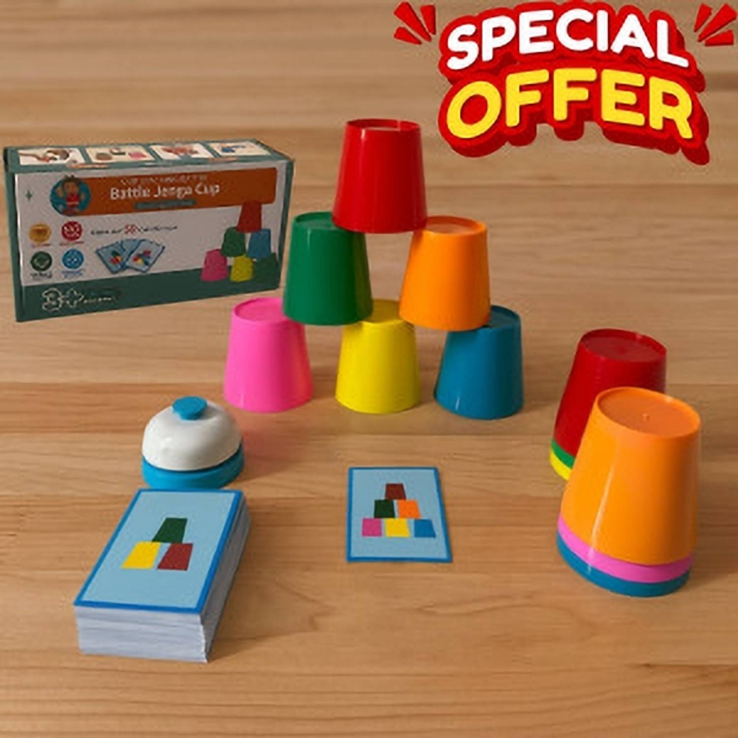 calyxia Battle Jenga Cup Game Set with Cards & Bell – Fun Family Party for Kids & Adults