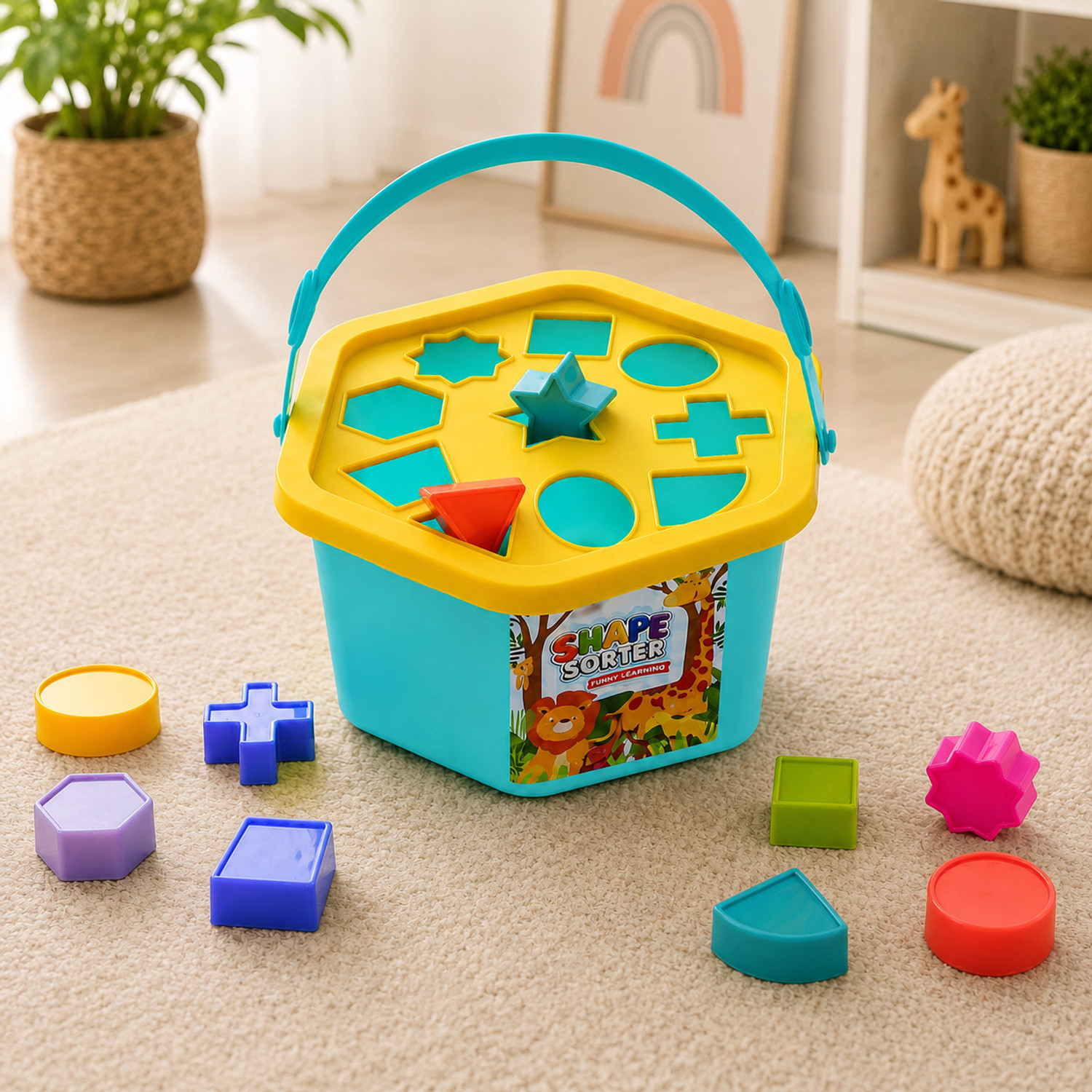 Meetul Enterprise Shape Sorter Learning Bucket with 10 Colorful Blocks Toy for Kids 12+ Months