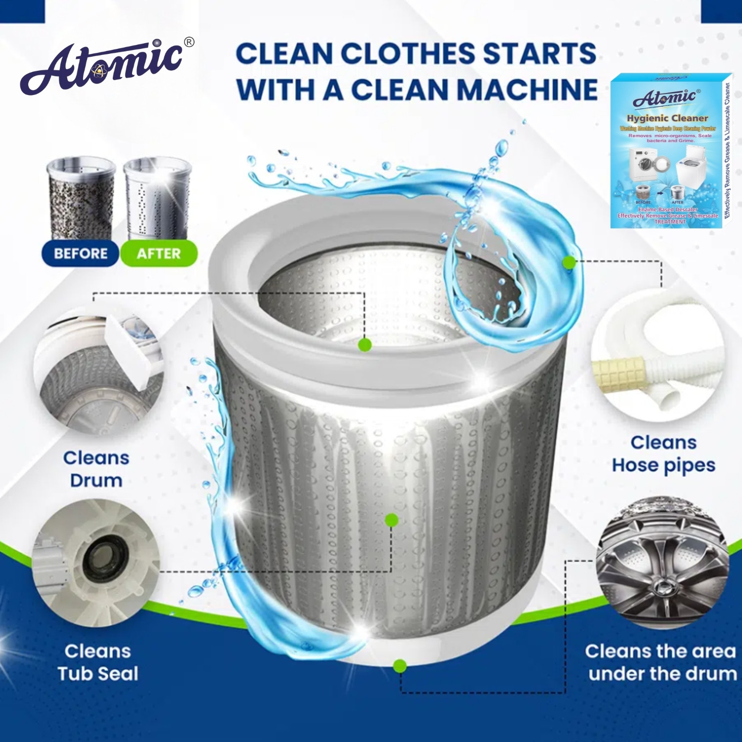 Image of ATOMIC Washing Machine Hygienic Deep Cleaning Powder 150 GM X 2 = 300gm Stain Remover