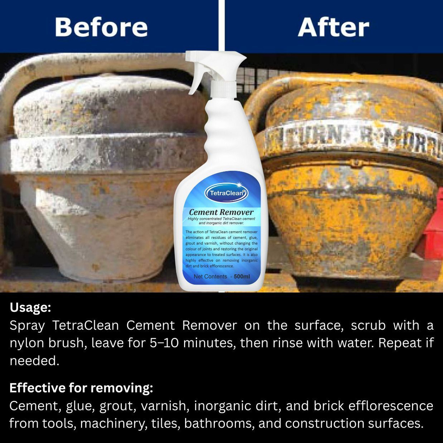 Image of TetraClean Highly Concentrated Cement Remover & Inorganic Dirt Remover /Tile Cleaner 500ml Stain Remover