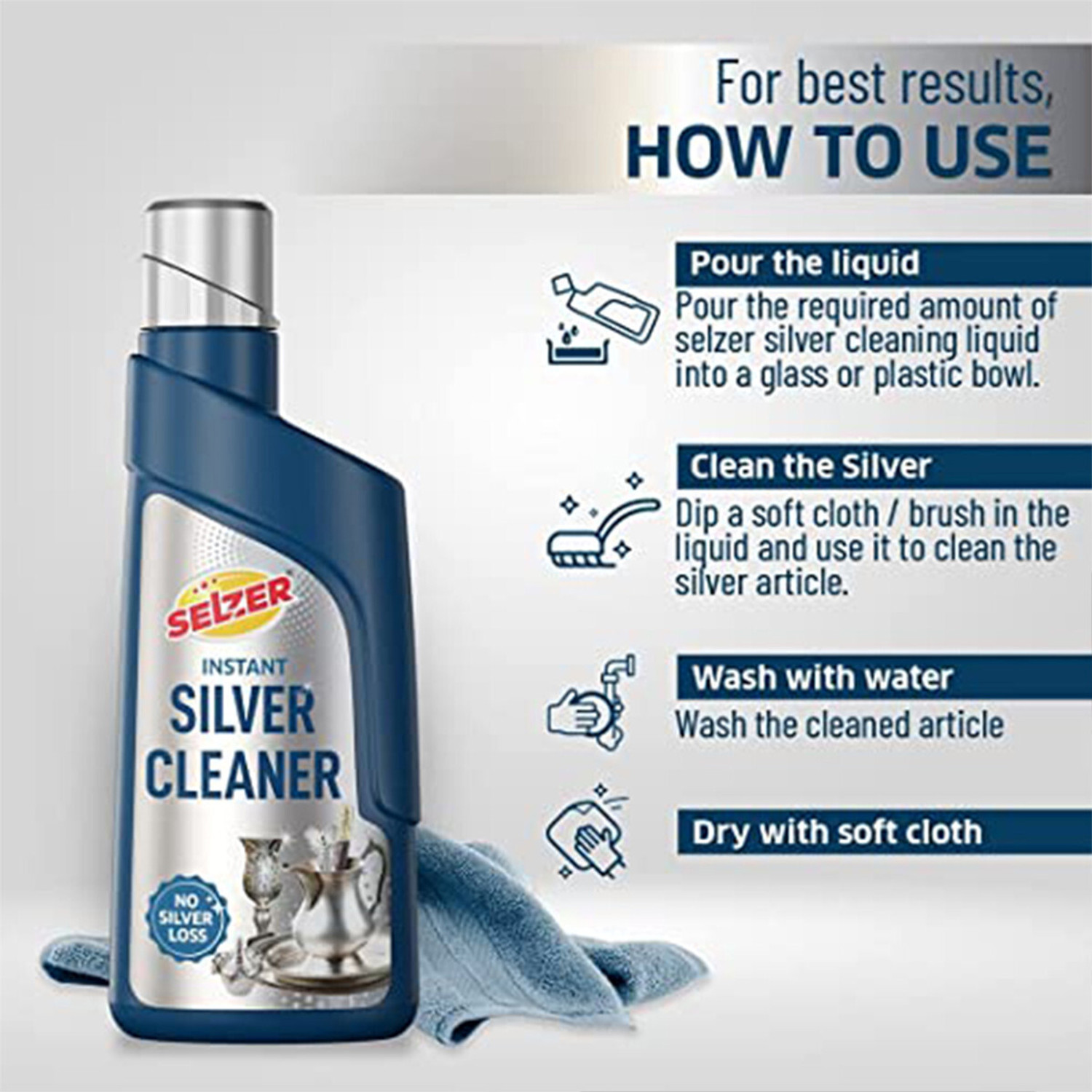 Image of SELZER Instant Silver Cleaner Liquid for Jewellery - 250ml Silver Dip Stain Remover