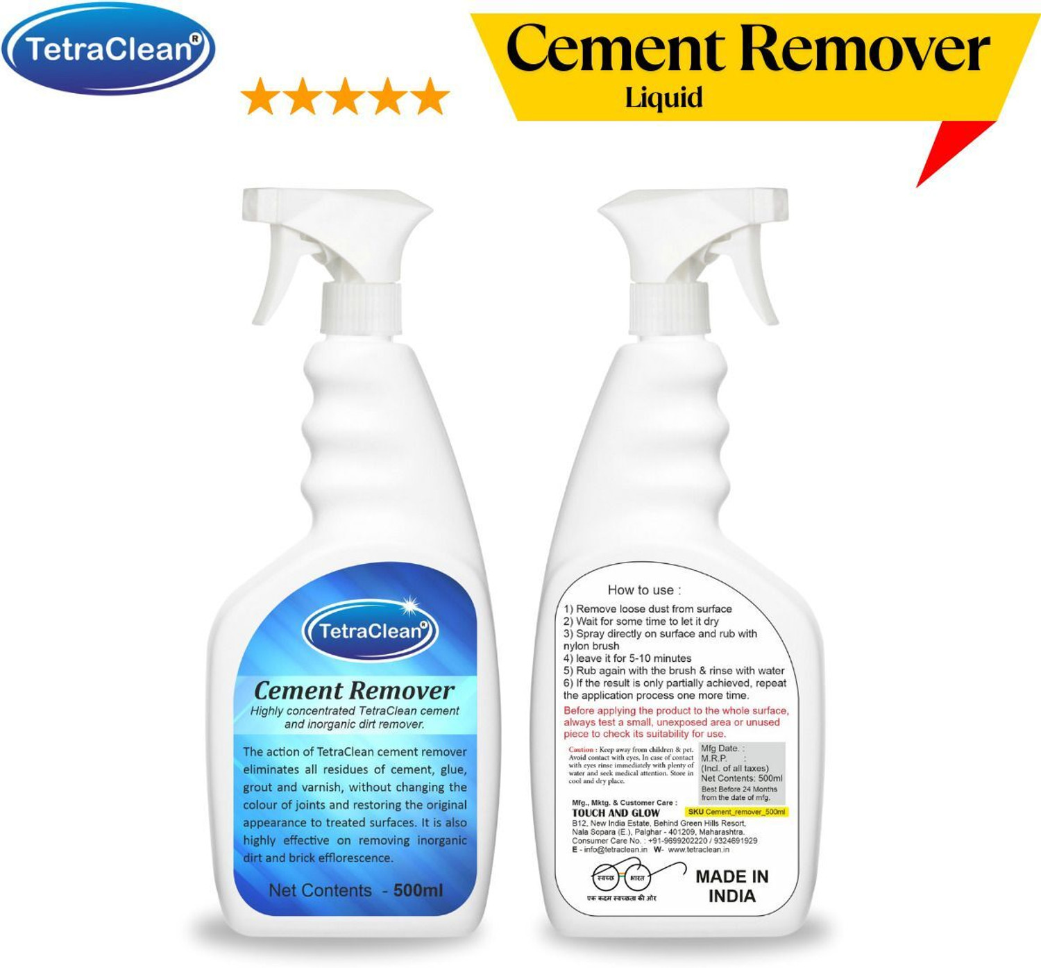 Image of TetraClean Highly Concentrated Cement Remover & Inorganic Dirt Remover /Tile Cleaner 500ml Stain Remover