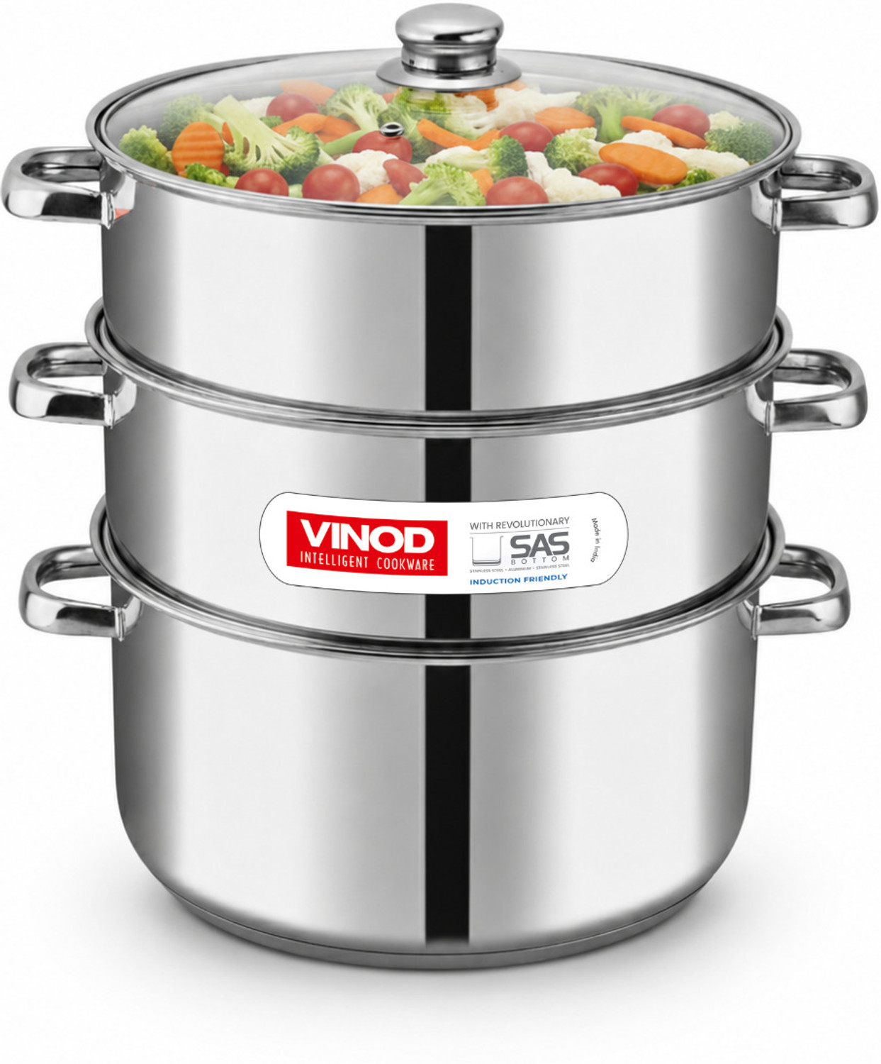 Image of VINOD 3-Tier 24 cm Stainless Steel Momo & Modak Steamer, Glass Lid, Induction Base Stainless Steel Steamer