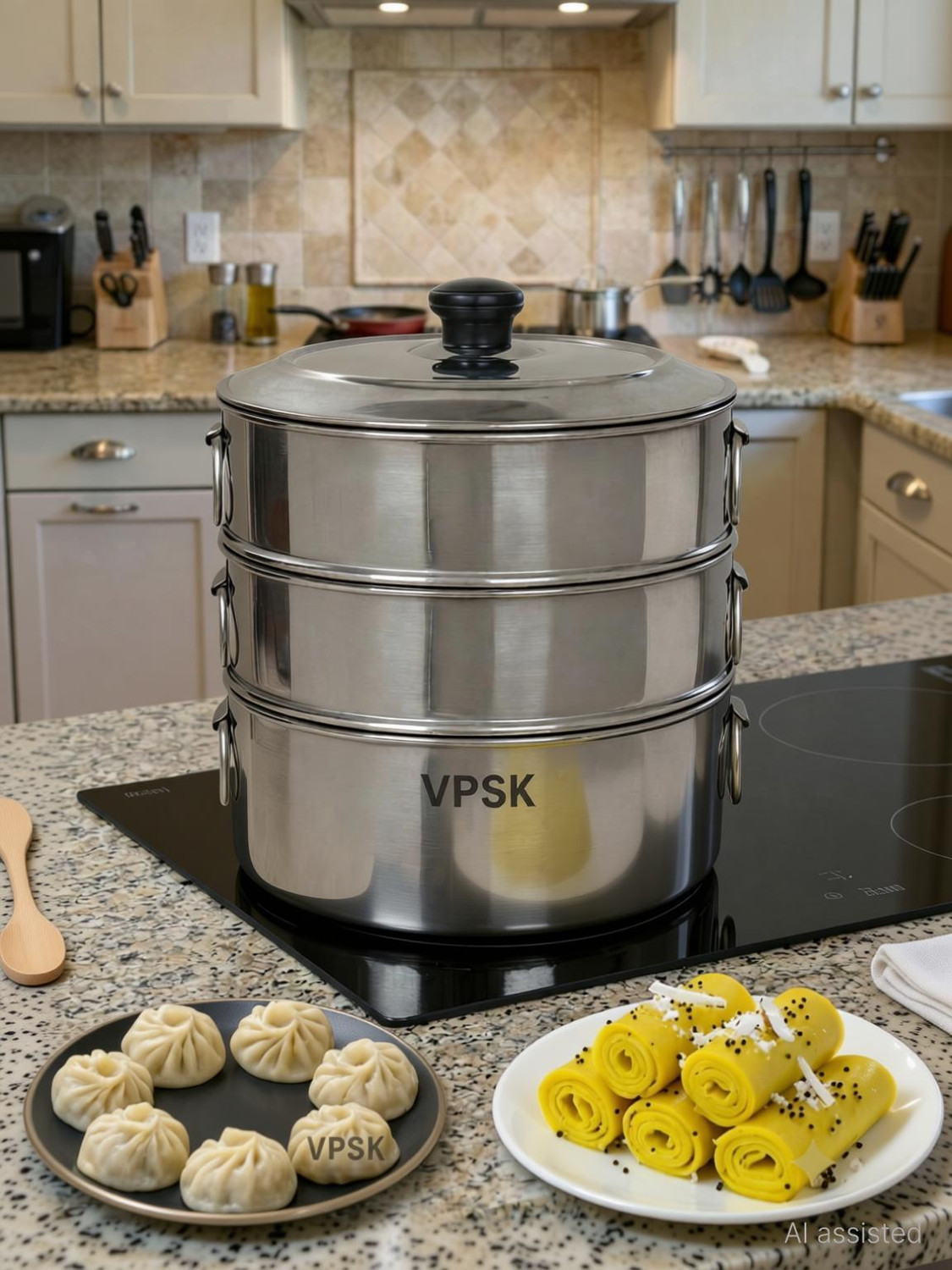 Image of VPSK Stainless Steel Steamer 3 Tier with stainless steel Lid 23 cm,Momos,Modak Maker Stainless Steel Steamer