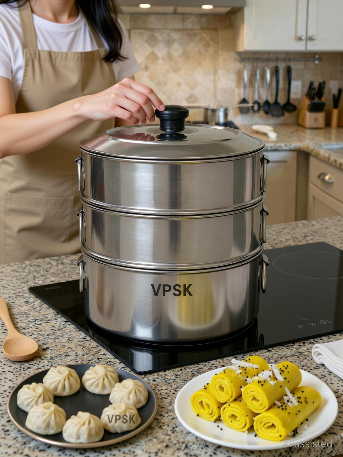 Image of VPSK Stainless Steel Steamer 3 Tier with stainless steel Lid 23 cm,Momos,Modak Maker Stainless Steel Steamer