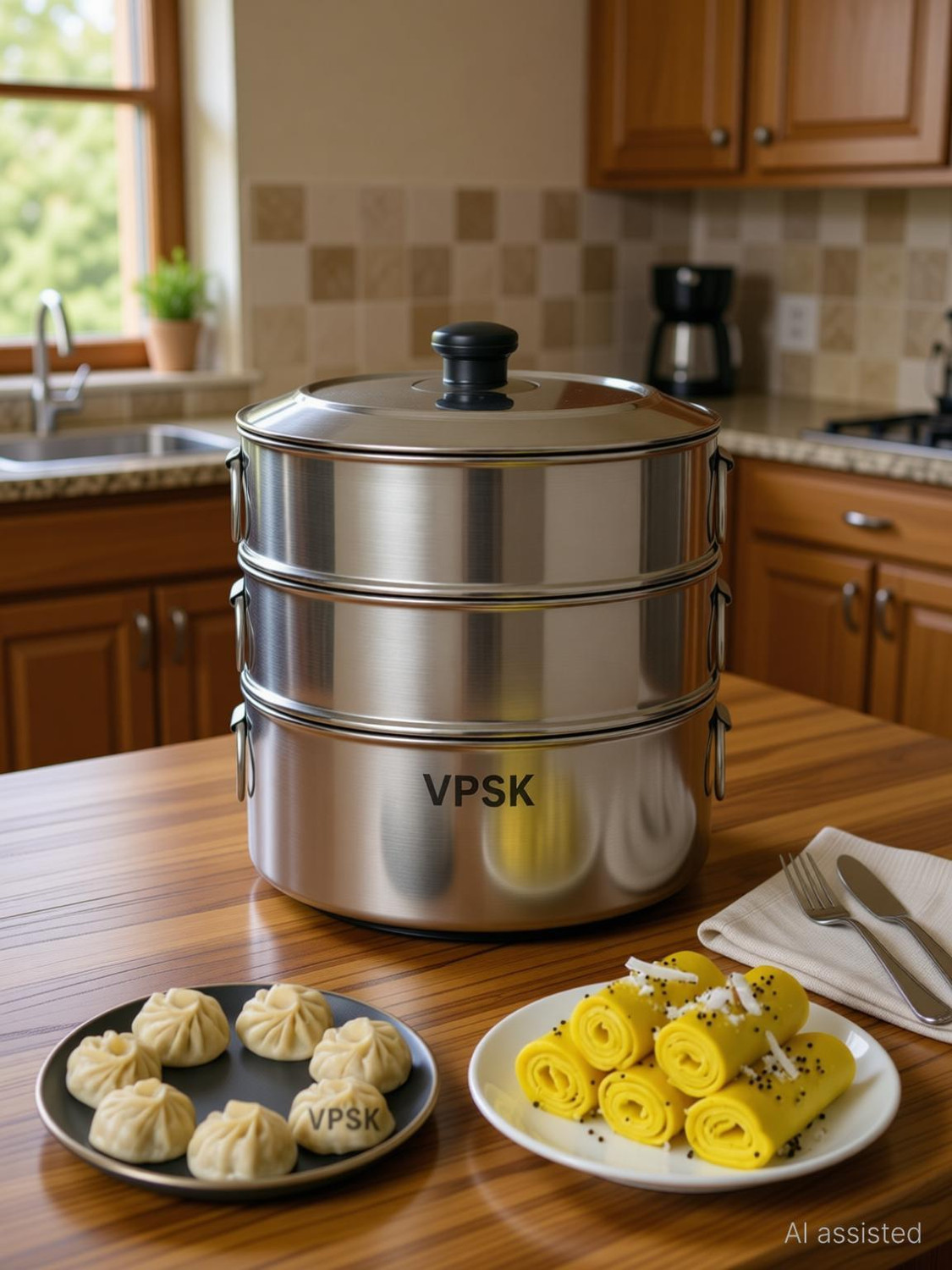 Image of VPSK Stainless Steel Steamer 3 Tier with stainless steel Lid 23 cm,Momos,Modak Maker Stainless Steel Steamer